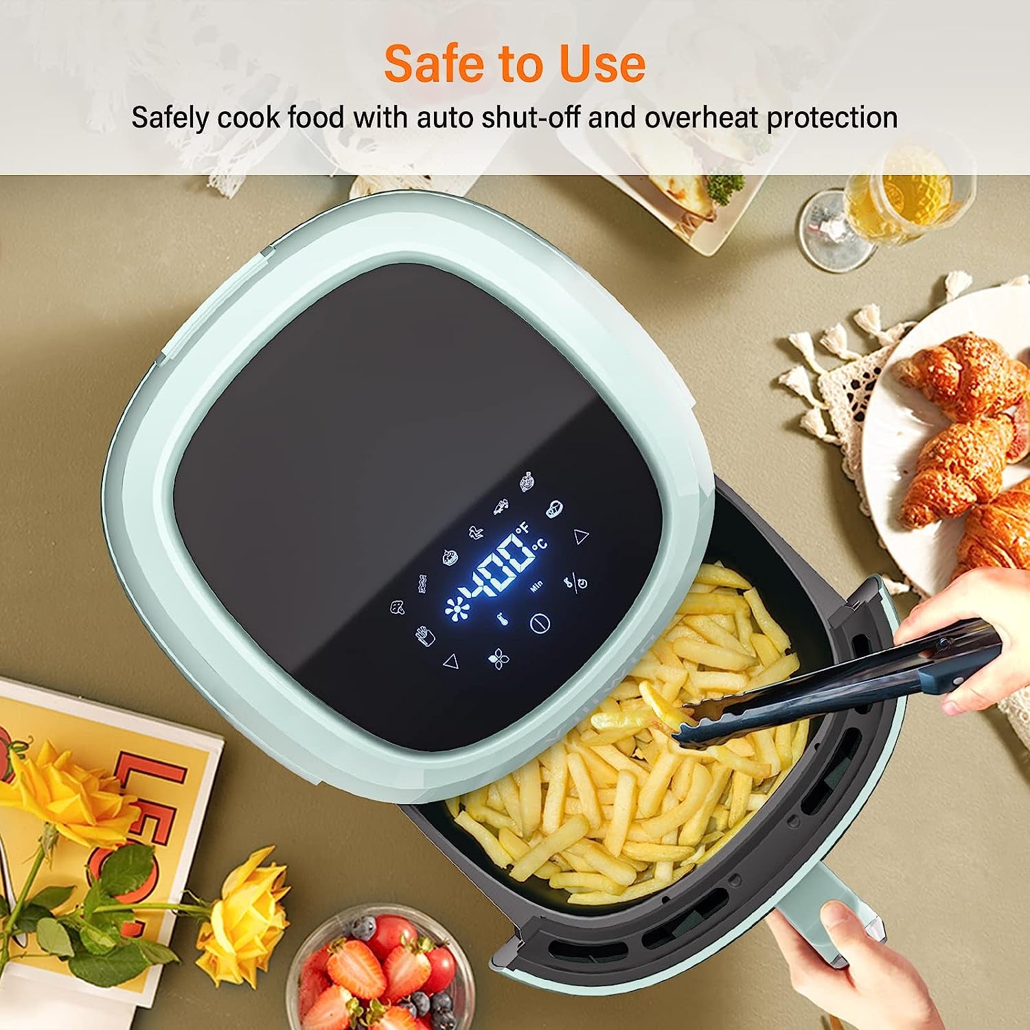 4.5 QT Digital Upgraded Air Fryers Cooker 8 Preset Menus Hot Air Fryer with Auto Shut off 30 Minute Timer Adjustable Temperature Control Nonstick Tray 1400W Blue