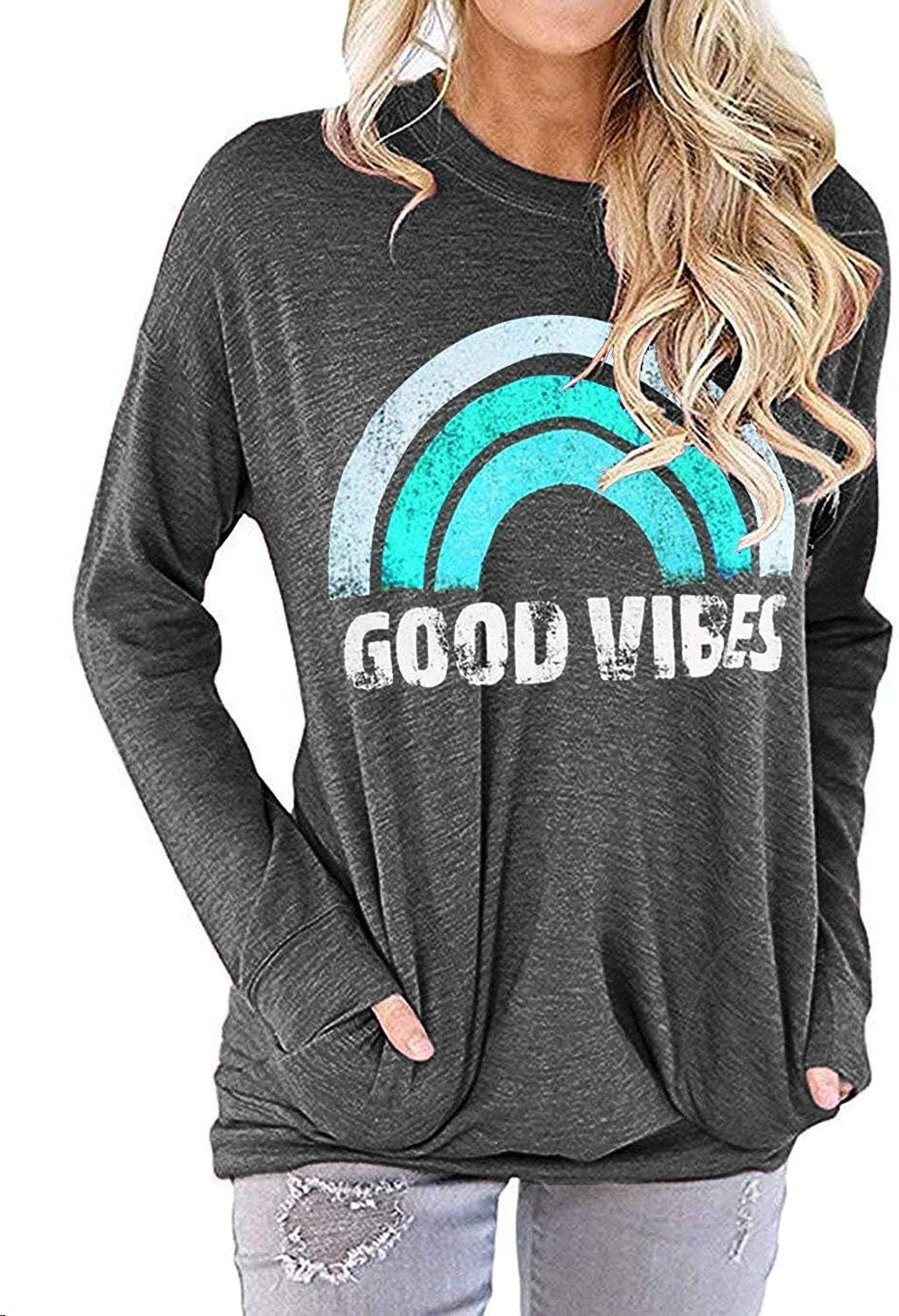 Womens Casual Loose Fit Shirts Long Sleeve Comfy T-Shirts Pullover Sweatshirts with Pockets