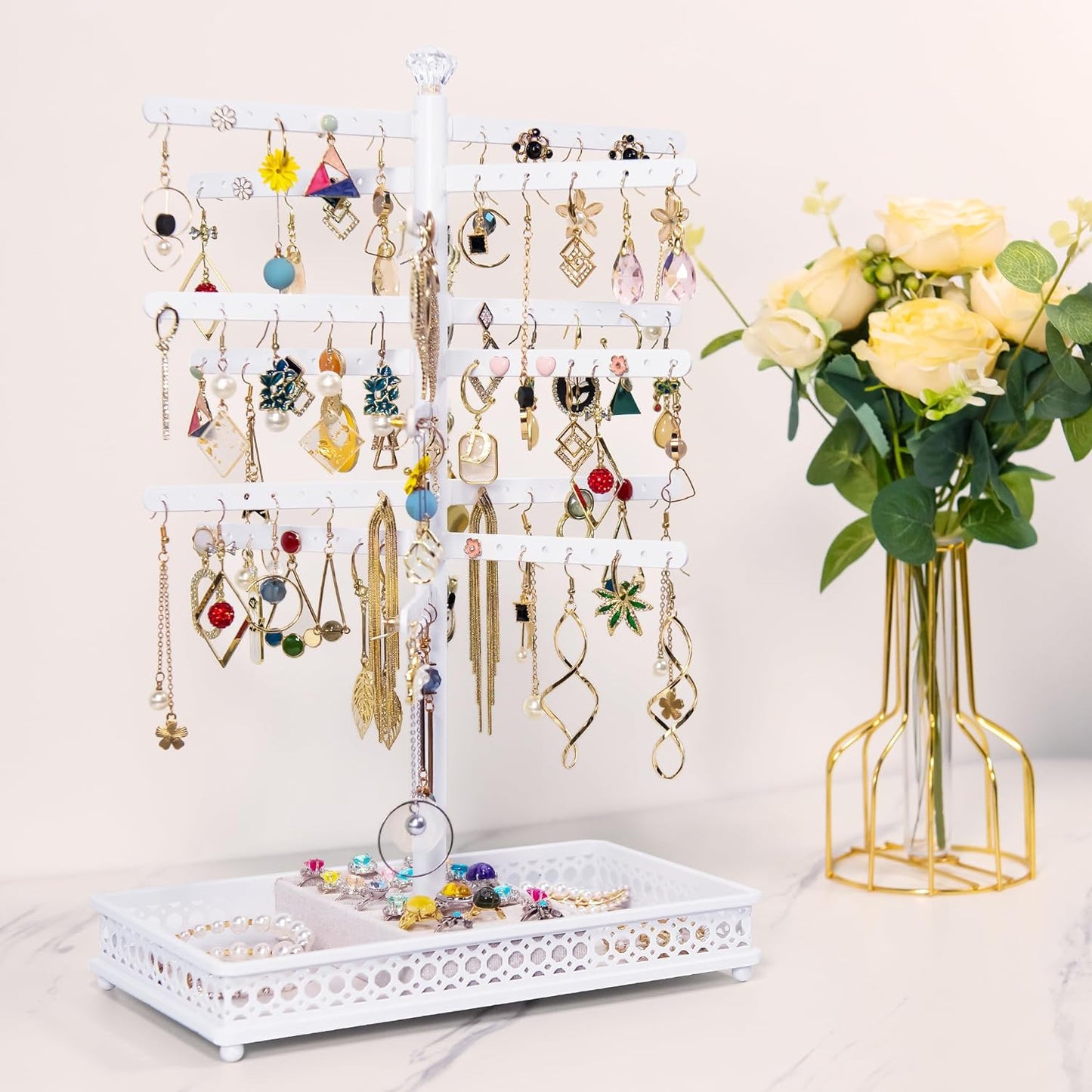 Rotating Earring Organizer Display Stands, Jewelry Organizer Display for Earring, Necklaces, Rings, Bracelets, Large Capacity Earring Storage Display for Store, Showcase, Tradeshow and Home (White)