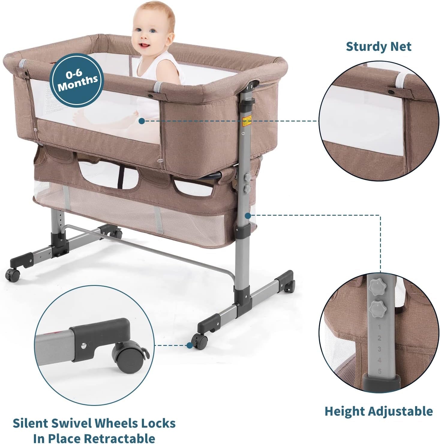 3In1 Bedside Crib for Girl or Boy, Bedside Sleeper for Baby Portable and Adjustable Crib with Mosquito Net for Newborn Baby,Deep Khaki