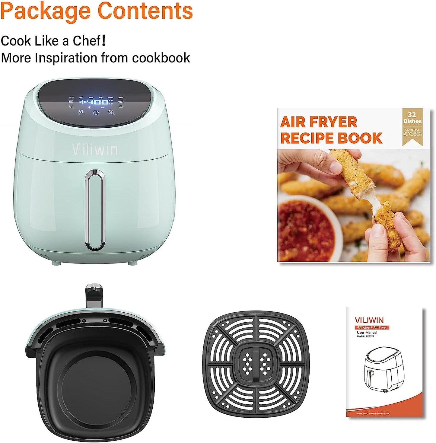 4.5 QT Digital Upgraded Air Fryers Cooker 8 Preset Menus Hot Air Fryer with Auto Shut off 30 Minute Timer Adjustable Temperature Control Nonstick Tray 1400W Blue