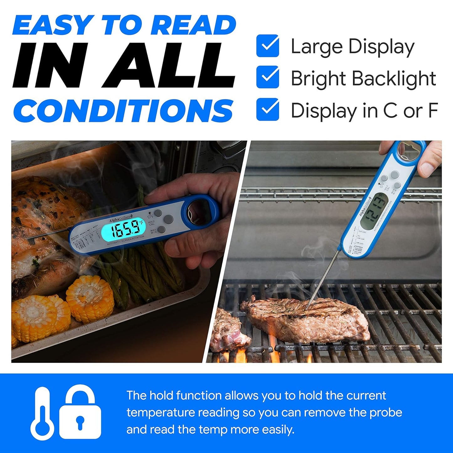 Instant Read Meat Thermometer for Grill and Cooking. Best Waterproof Ultra Fast Thermometer with Backlight & Calibration. Digital Food Probe for Kitchen, Outdoor Grilling and BBQ! Blue