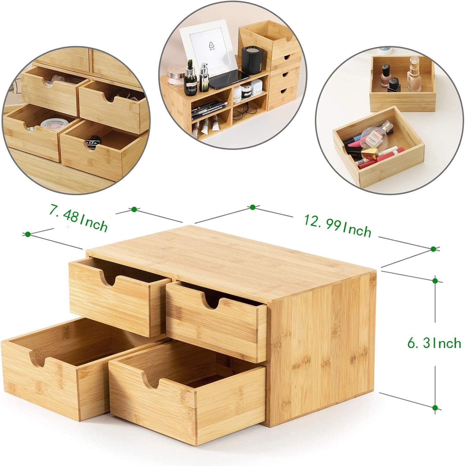 Bamboo Desk Organizer - Mini Desktop Drawer Tabletop Storage Organization Box for Office Home Toiletries Supplies, No Assembly Required (4 Drawer)