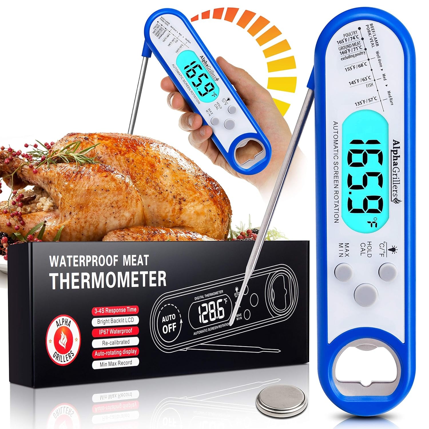 Instant Read Meat Thermometer for Grill and Cooking. Best Waterproof Ultra Fast Thermometer with Backlight & Calibration. Digital Food Probe for Kitchen, Outdoor Grilling and BBQ! Blue