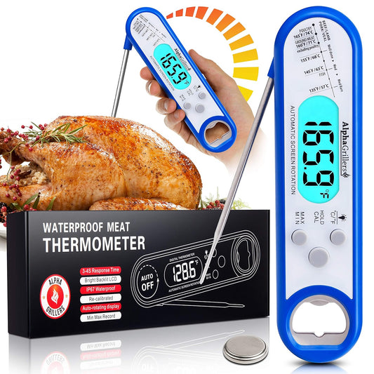 Instant Read Meat Thermometer for Grill and Cooking. Best Waterproof Ultra Fast Thermometer with Backlight & Calibration. Digital Food Probe for Kitchen, Outdoor Grilling and BBQ! Blue