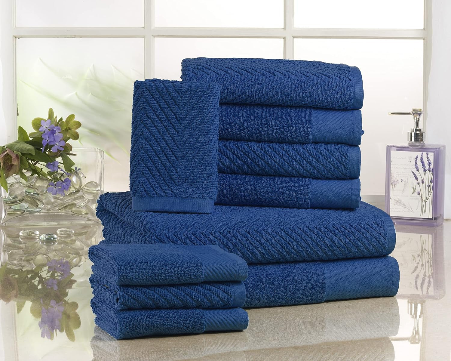 Bath Towels Set of 10, 100% Cotton Towels for Bathroom, Quick Dry Bath Towels, Gym Towels, Beach Towels for Adults, Absorbent Towels- 2 Large Bath Towels, 4 Hand Towels & Washcloths- Navy