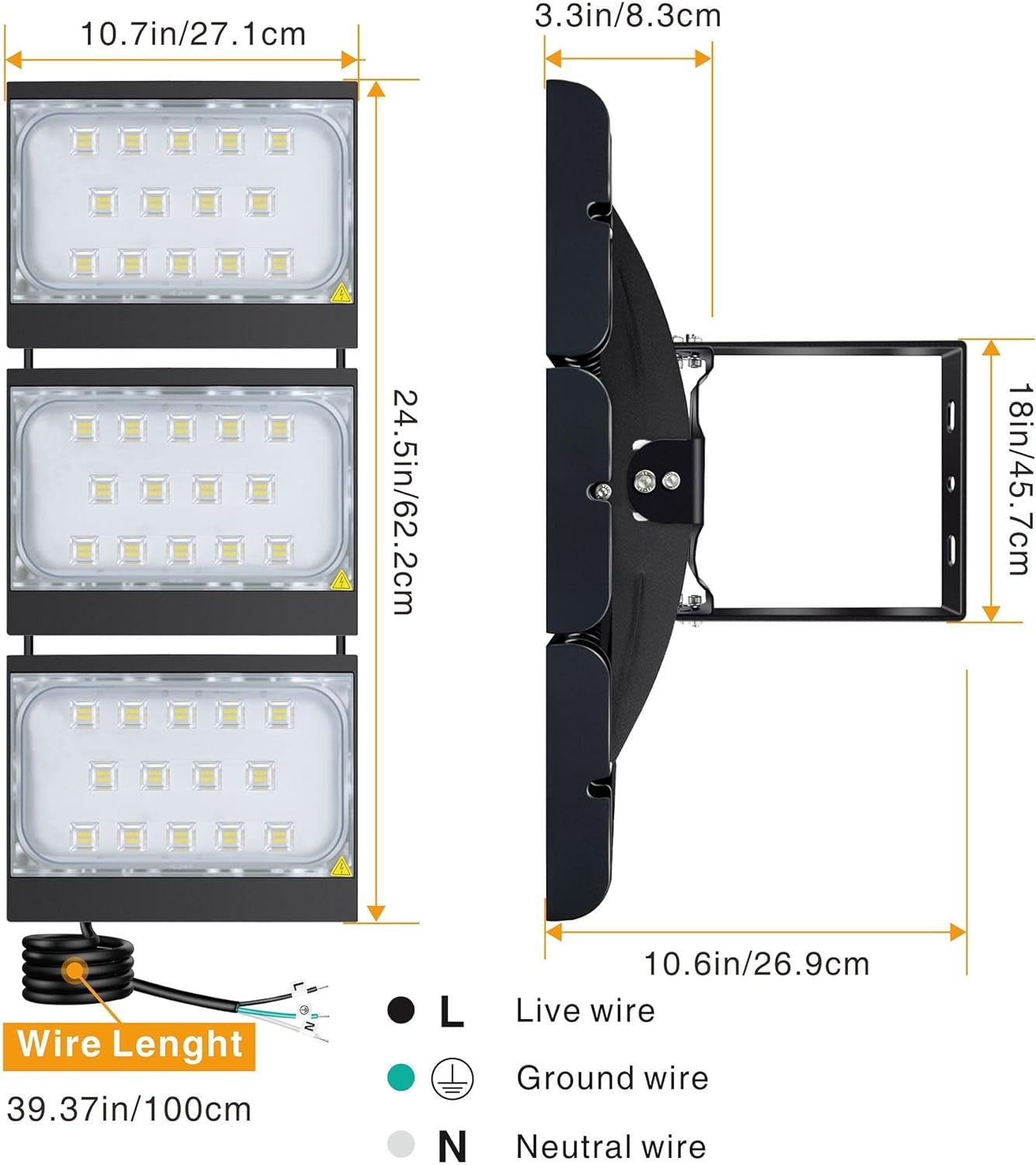 LED Flood Light Outdoor, 300W 27000Lm Outdoor Lighting, 3000K Warm White, IP66 Waterproof outside Floodlight Exterior Security Light with 3 Adjustable Heads for Yard, Street, Parking Lot