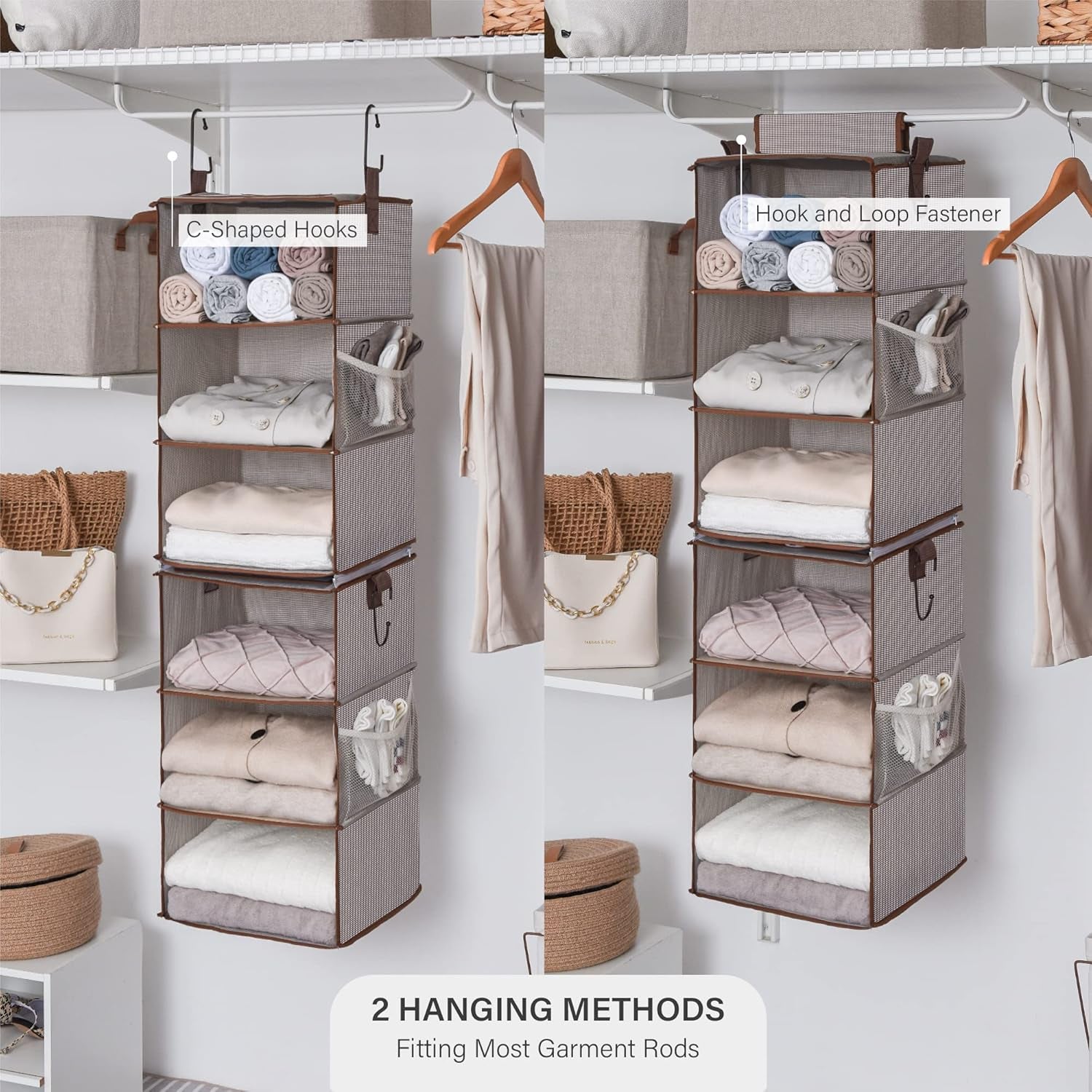 6-Shelf Hanging Closet Organizers, Two 3-Shelf Separable Closet Hanging Shelves, Canvas, Light Brown, 12" D X 12" W X 48 ¼"H