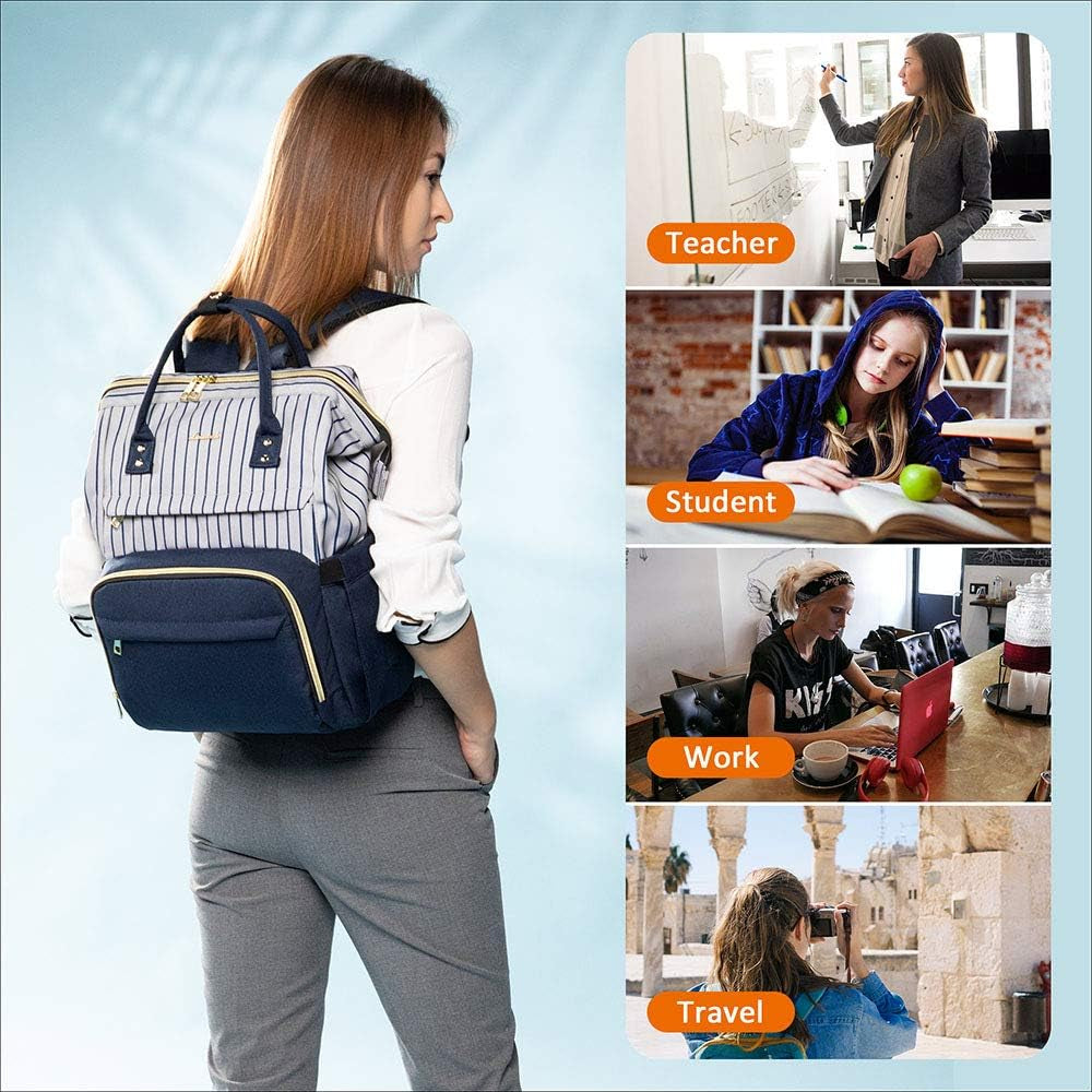 Laptop Backpack Women Teacher Backpack Nurse Bags, 15.6 Inch Womens Work Backpack Purse Waterproof Anti-Theft Travel Back Pack with USB Charging Port (Blue-Stripe)