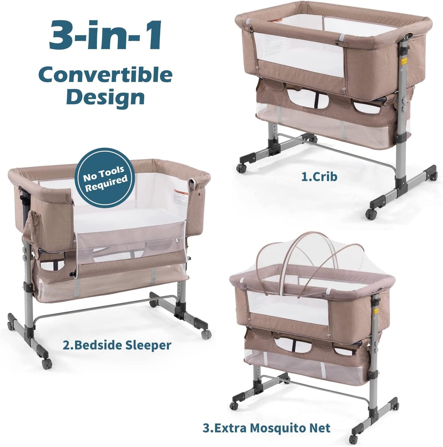 3In1 Bedside Crib for Girl or Boy, Bedside Sleeper for Baby Portable and Adjustable Crib with Mosquito Net for Newborn Baby,Deep Khaki