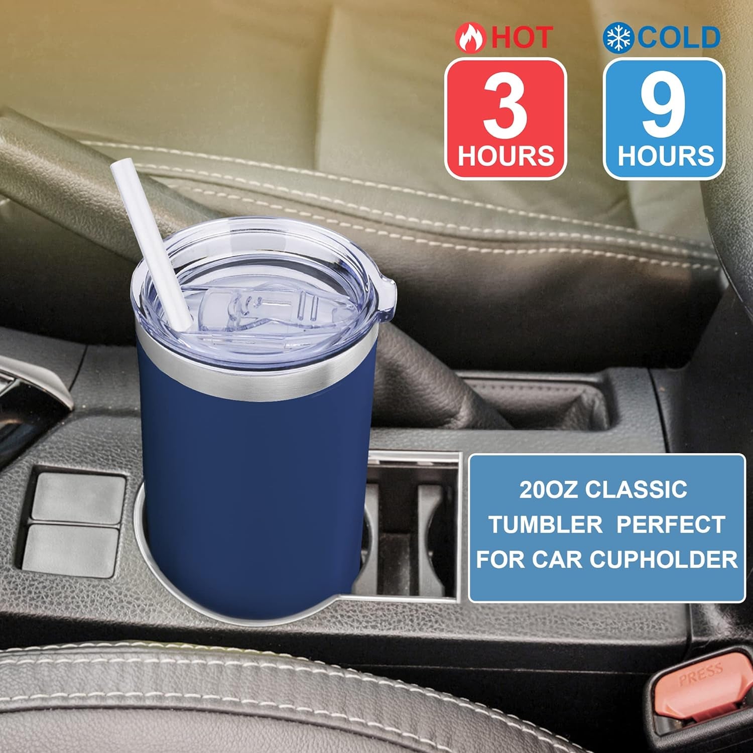 20Oz Tumbler with Lid and Straw, Stainless Steel Vacuum Insulated Water Coffee Tumbler Cup, Double Wall Powder Coated Spill-Proof Travel Mug Thermal Cup for Home Outdoor (Navy Blue, 1 Pack)