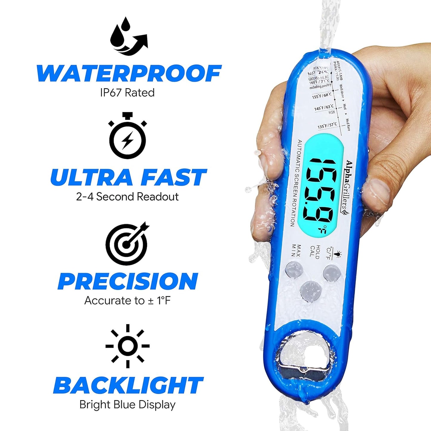 Instant Read Meat Thermometer for Grill and Cooking. Best Waterproof Ultra Fast Thermometer with Backlight & Calibration. Digital Food Probe for Kitchen, Outdoor Grilling and BBQ! Blue