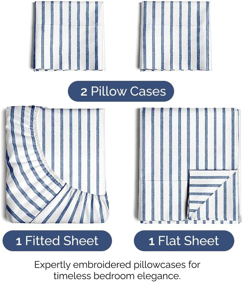 Luxury Cal King Size 4 Piece Sheet Set - Breathable Cooling Sheets with Deep Pockets - Soft Wrinkle-Free Blue Stripes Bed Sheet Set