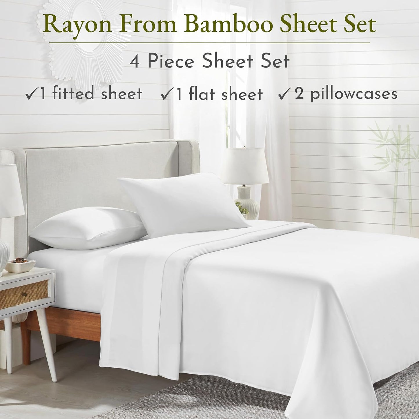 Luxury King Size Rayon from Bamboo Cooling Sheets Set in White with Deep Pocket Fitted Sheet