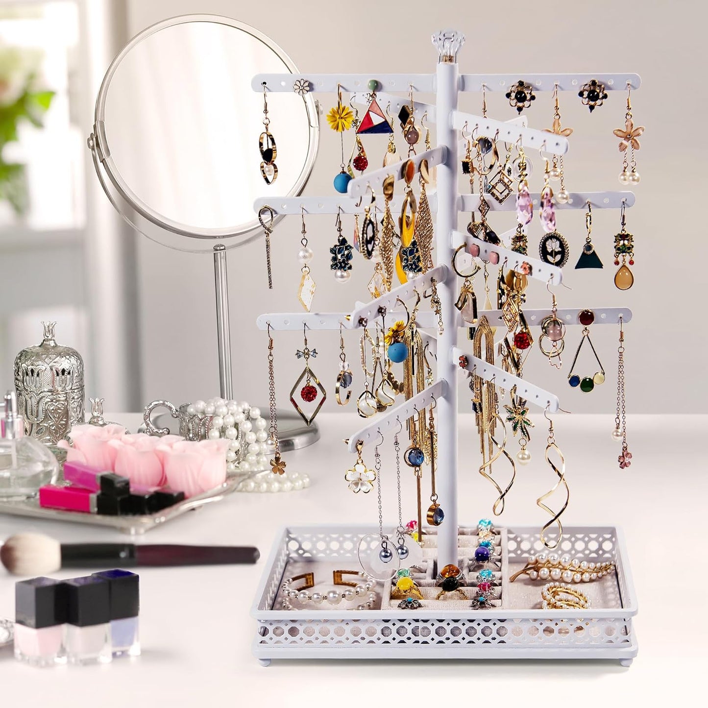 Rotating Earring Organizer Display Stands, Jewelry Organizer Display for Earring, Necklaces, Rings, Bracelets, Large Capacity Earring Storage Display for Store, Showcase, Tradeshow and Home (White)