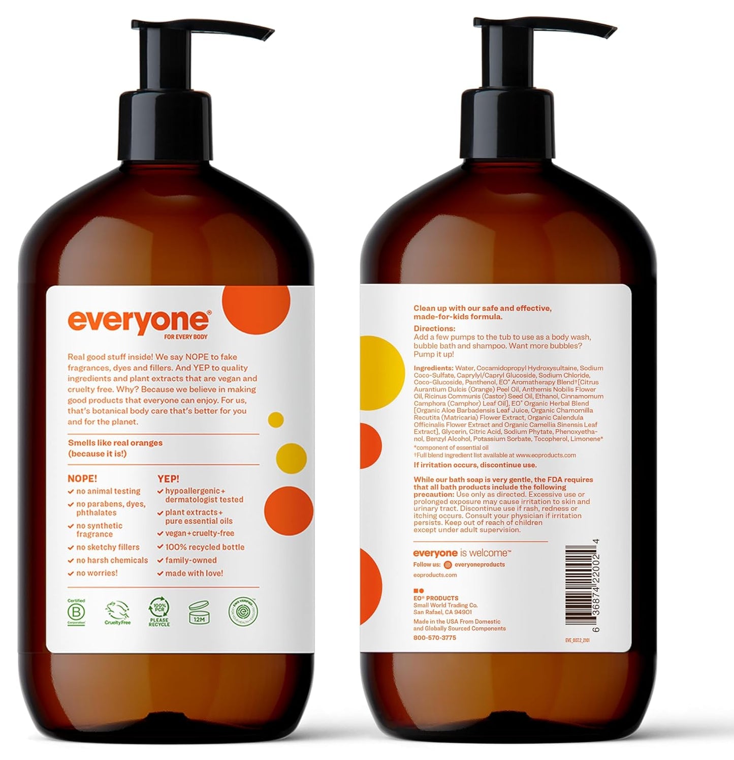 Everyone 3-In-1 Kids Soap, Body Wash, Bubble Bath, Shampoo, 32 Ounce (Pack of 2), Orange Squeeze, Coconut Cleanser with Organic Plant Extracts and Pure Essential Oils (Packaging May Vary)