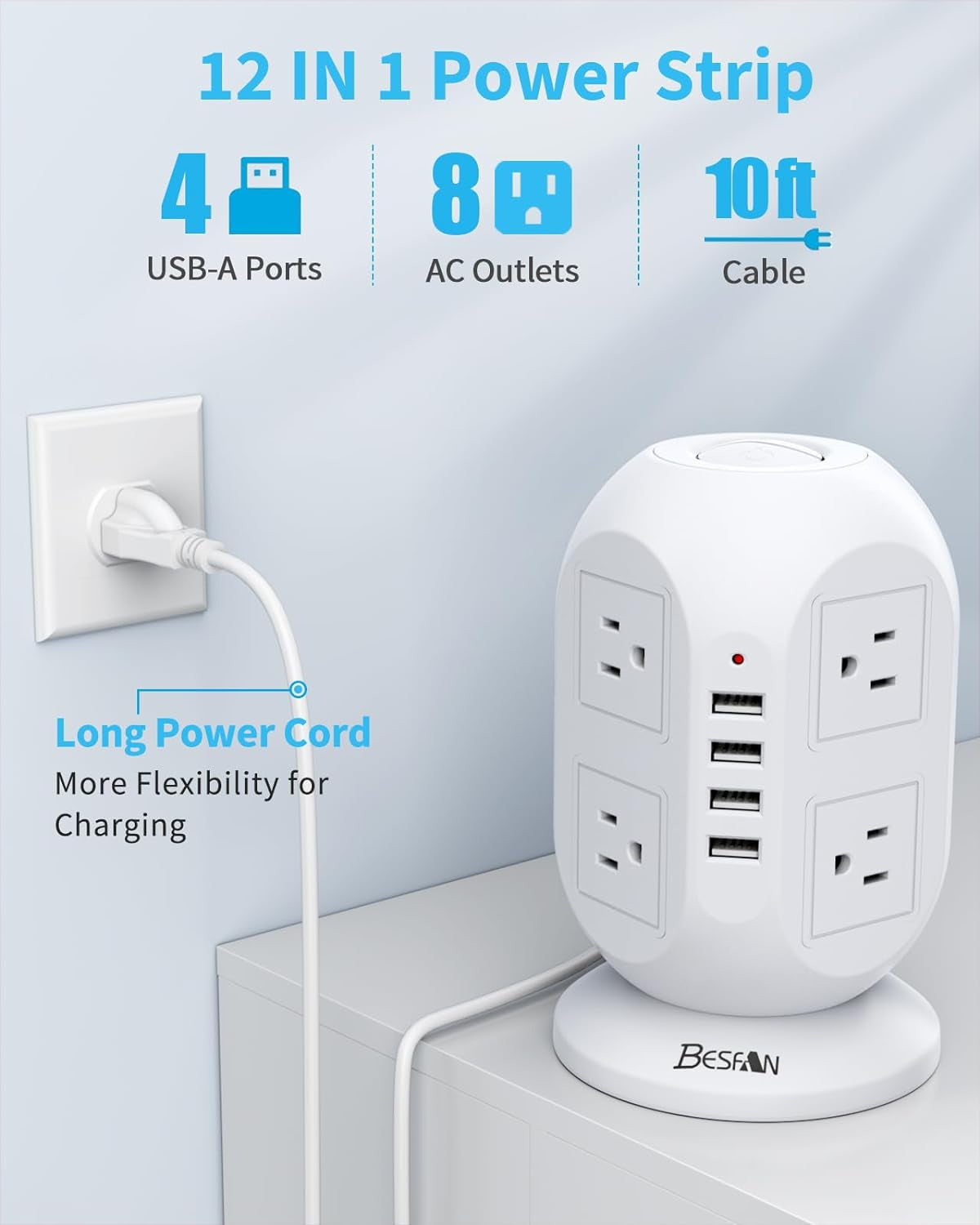 Tower Surge Protector Power Strip 10 Ft,  Long Extension Cord with Multiple Outlets, 8 AC Outlets with 4 USB Ports Power Strips with Surge Protection for Home Office Dorm Essentials