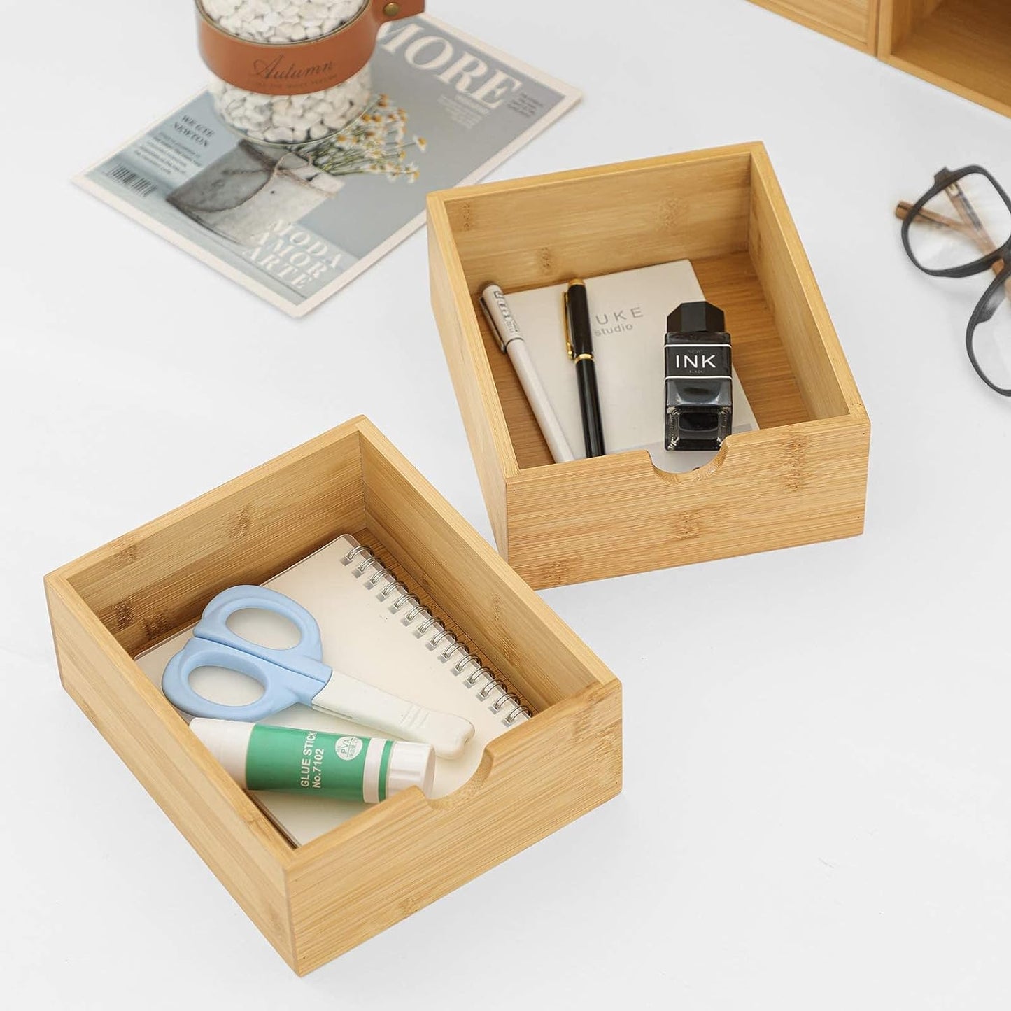 Bamboo Desk Organizer - Mini Desktop Drawer Tabletop Storage Organization Box for Office Home Toiletries Supplies, No Assembly Required (4 Drawer)