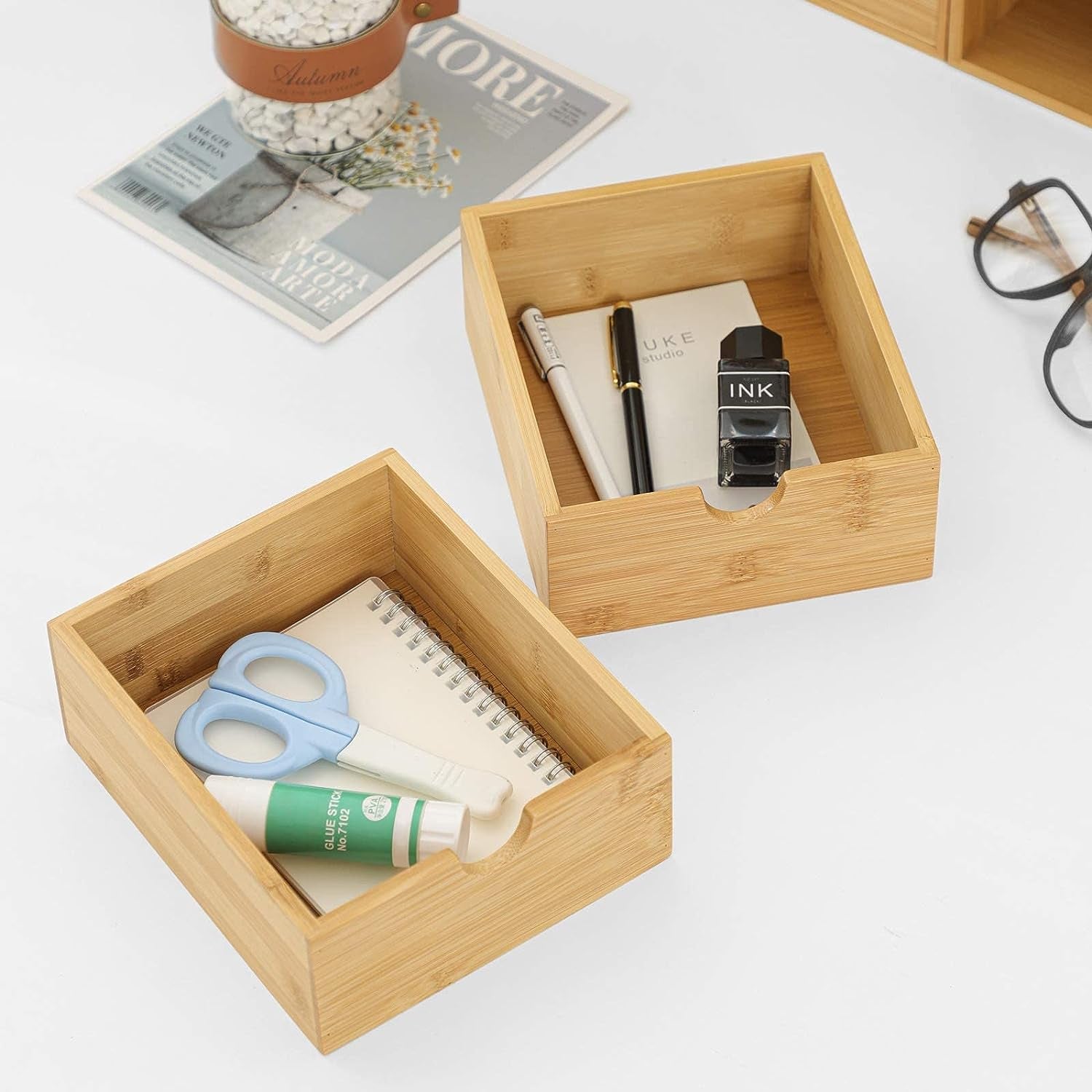 Bamboo Desk Organizer - Mini Desktop Drawer Tabletop Storage Organization Box for Office Home Toiletries Supplies, No Assembly Required (3 Drawer with Big Drawer)