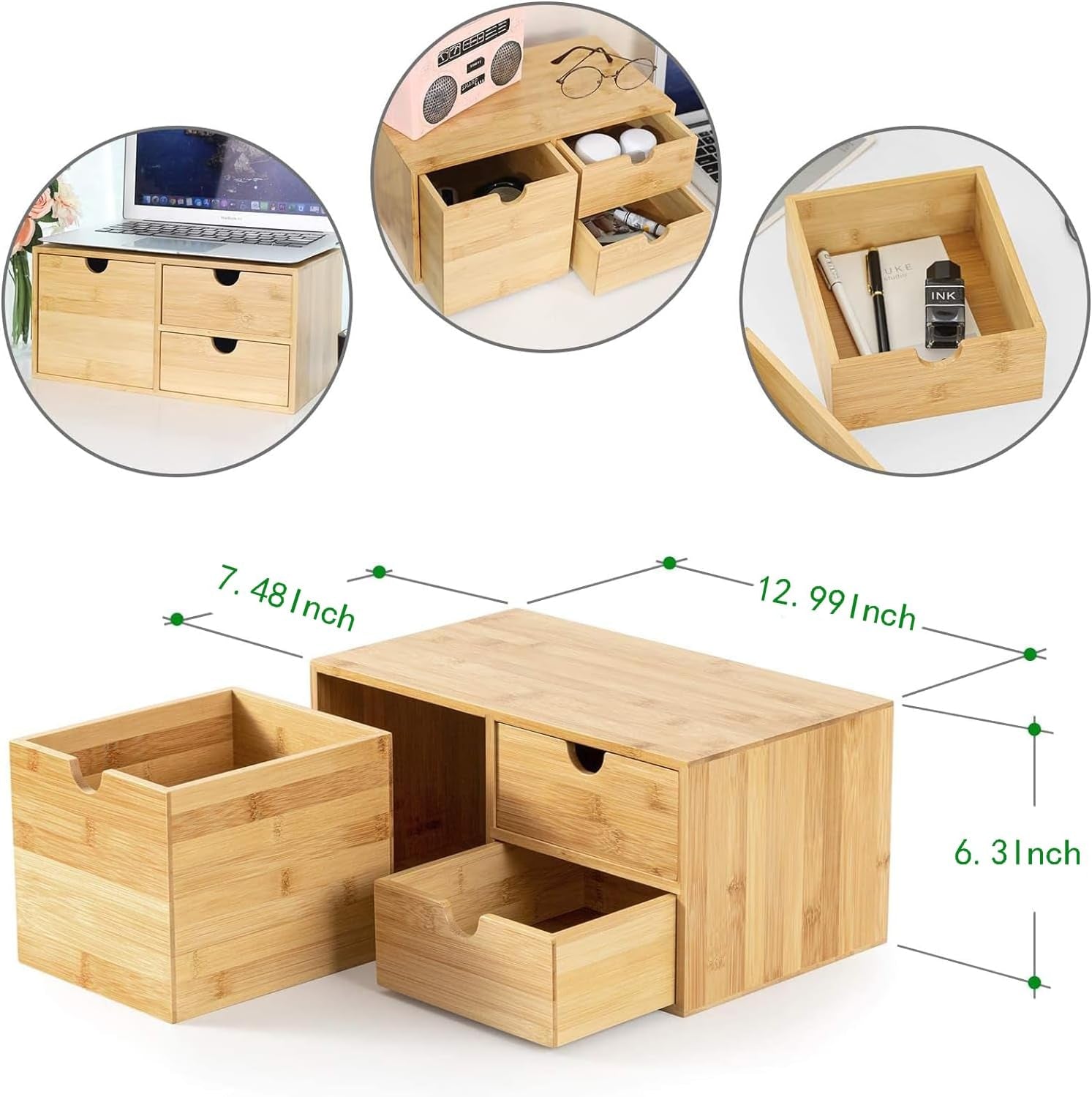 Bamboo Desk Organizer - Mini Desktop Drawer Tabletop Storage Organization Box for Office Home Toiletries Supplies, No Assembly Required (3 Drawer with Big Drawer)