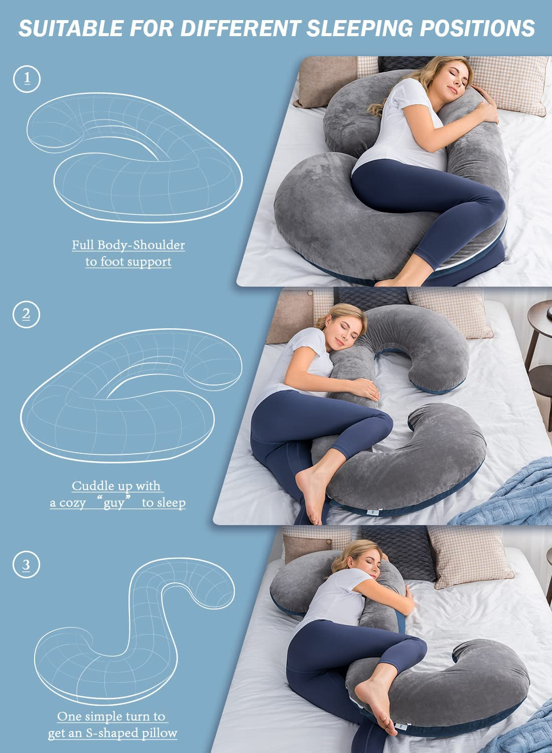 Pregnancy Pillow,Maternity Body Pillow with Velvet Cover,C Shaped Body Pillow for Sleeping (Blue&Grey)