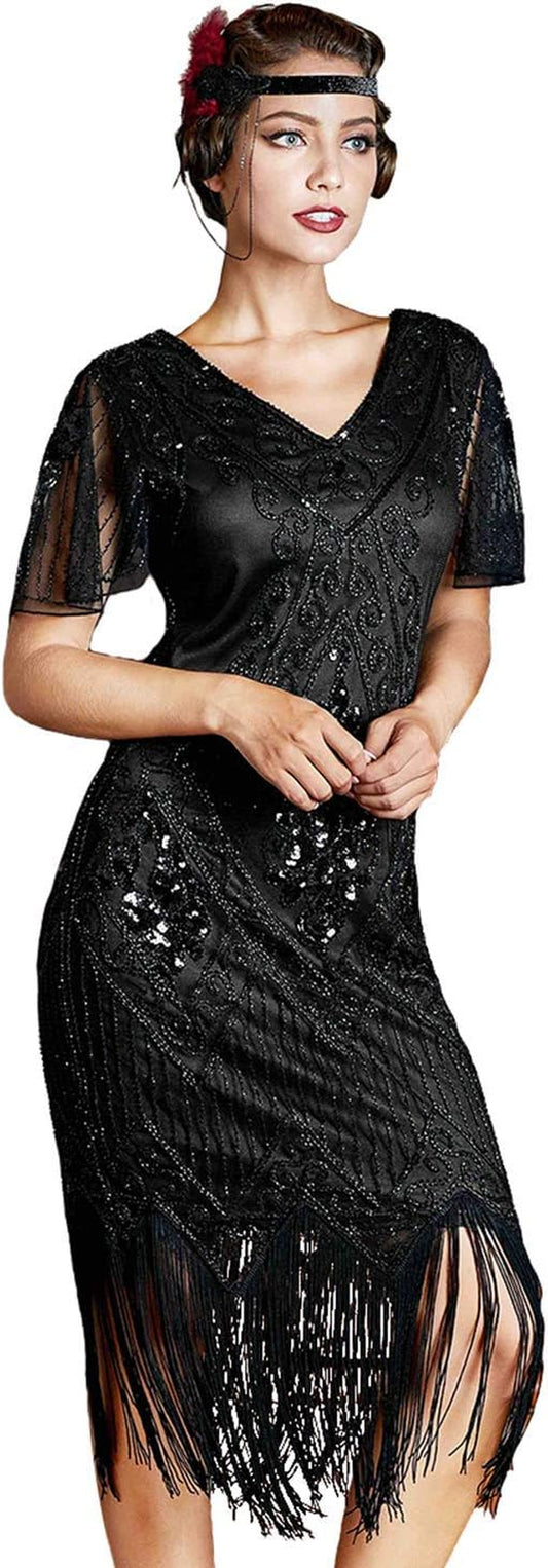 Women'S Flapper Dresses 1920S Sequins Art Deco Gatsby Cocktail Dress with Sleeve