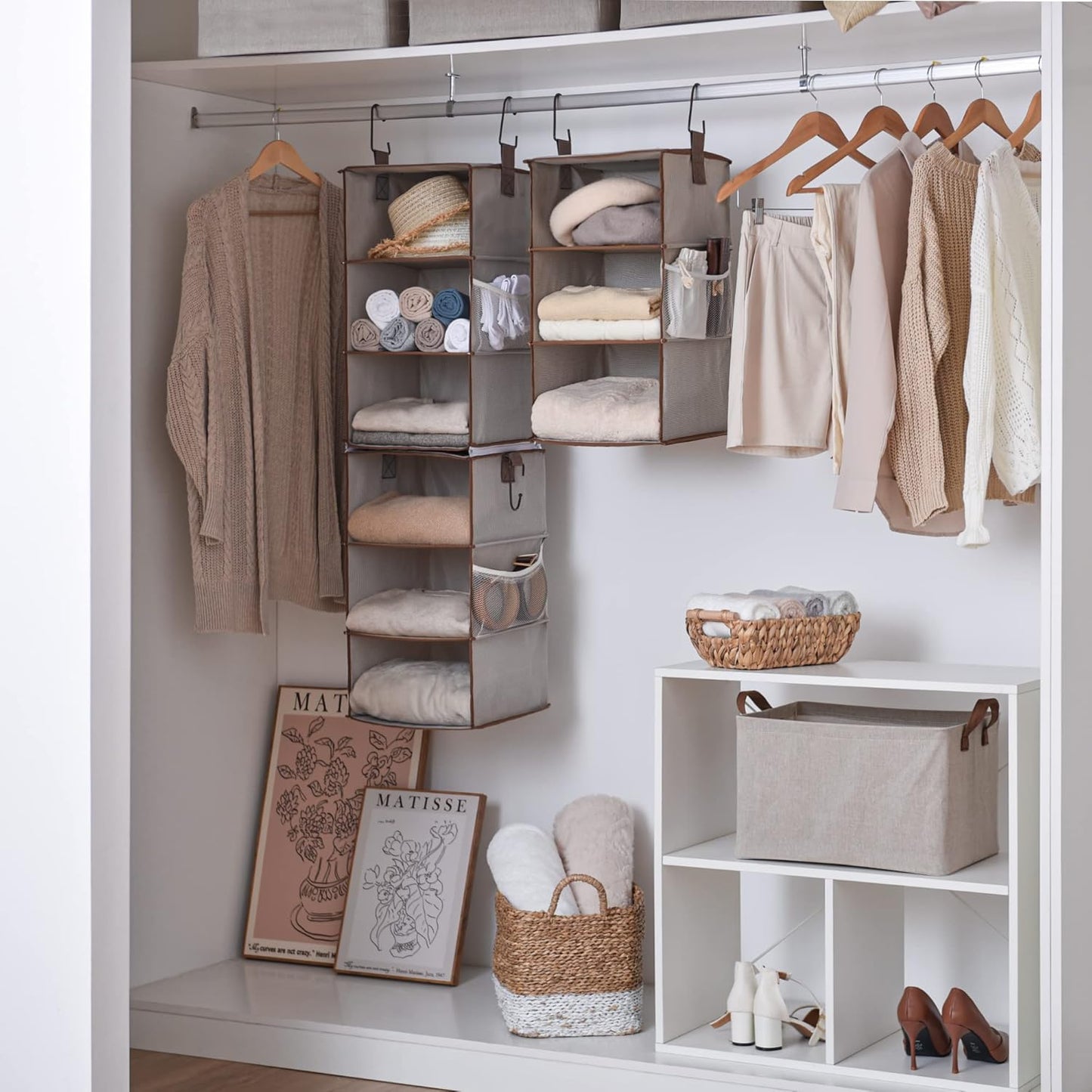 6-Shelf Hanging Closet Organizers, Two 3-Shelf Separable Closet Hanging Shelves, Canvas, Light Brown, 12" D X 12" W X 48 ¼"H