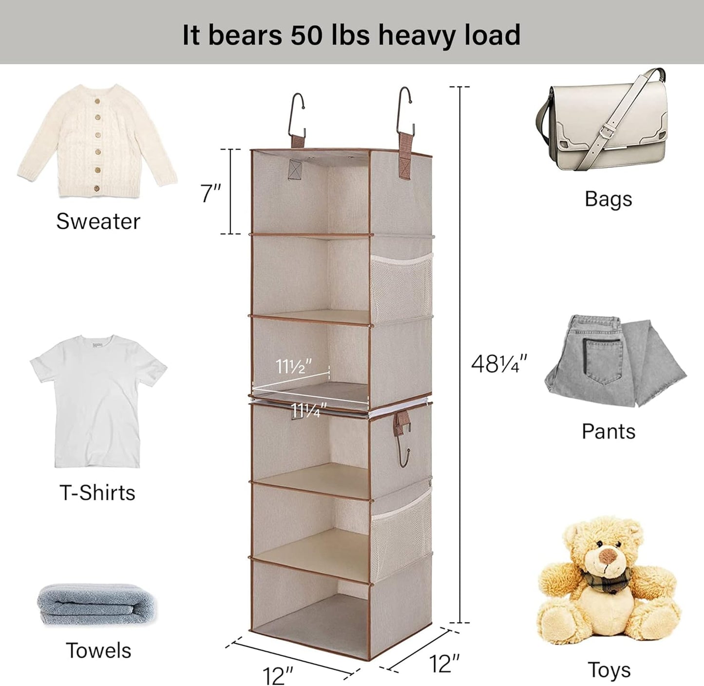 6-Shelf Hanging Closet Organizers, Two 3-Shelf Separable Closet Hanging Shelves, Canvas, Light Brown, 12" D X 12" W X 48 ¼"H