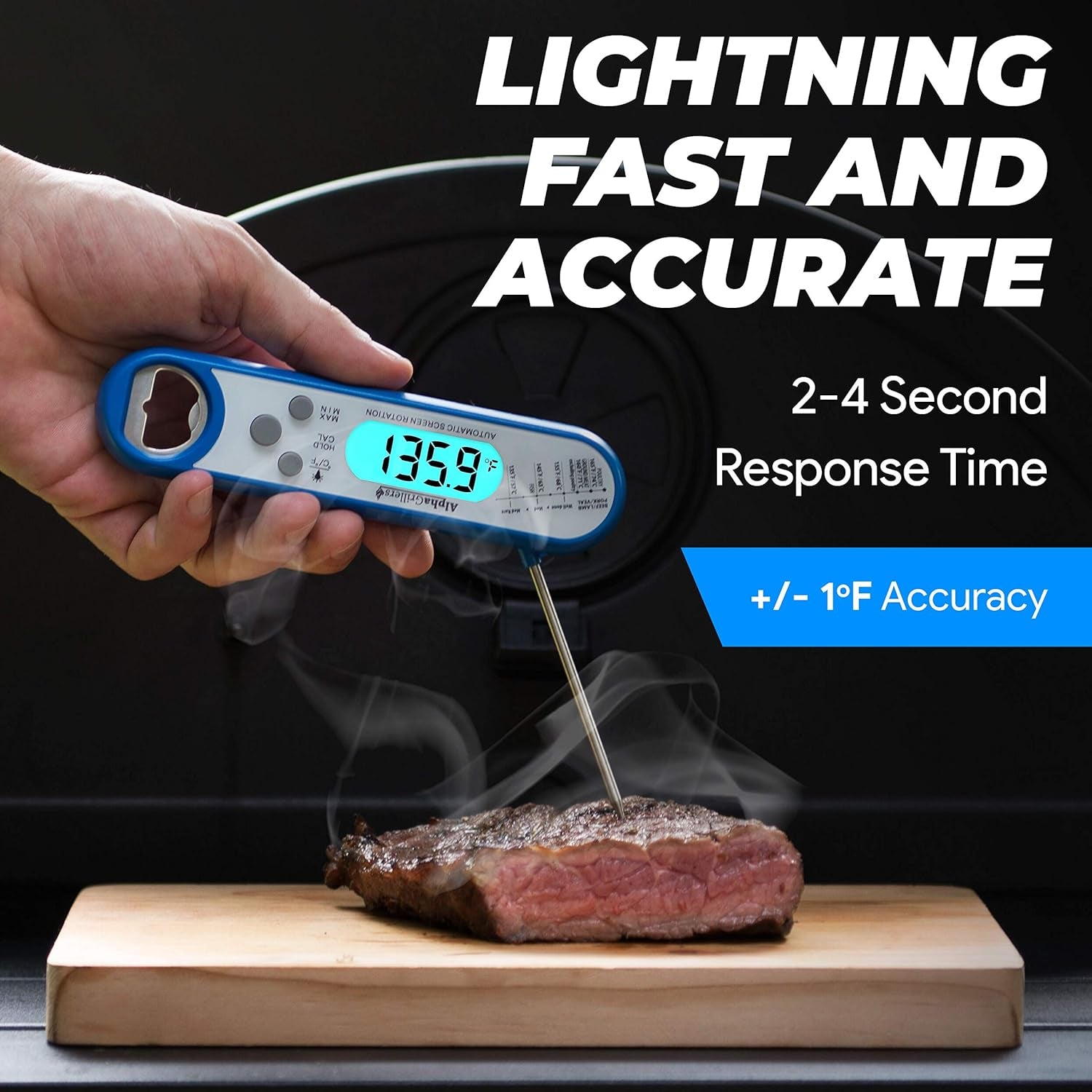 Instant Read Meat Thermometer for Grill and Cooking. Best Waterproof Ultra Fast Thermometer with Backlight & Calibration. Digital Food Probe for Kitchen, Outdoor Grilling and BBQ! Blue