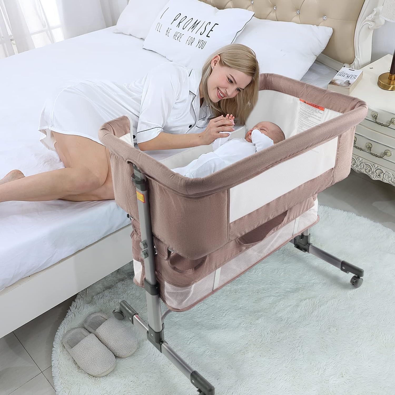 3In1 Bedside Crib for Girl or Boy, Bedside Sleeper for Baby Portable and Adjustable Crib with Mosquito Net for Newborn Baby,Deep Khaki