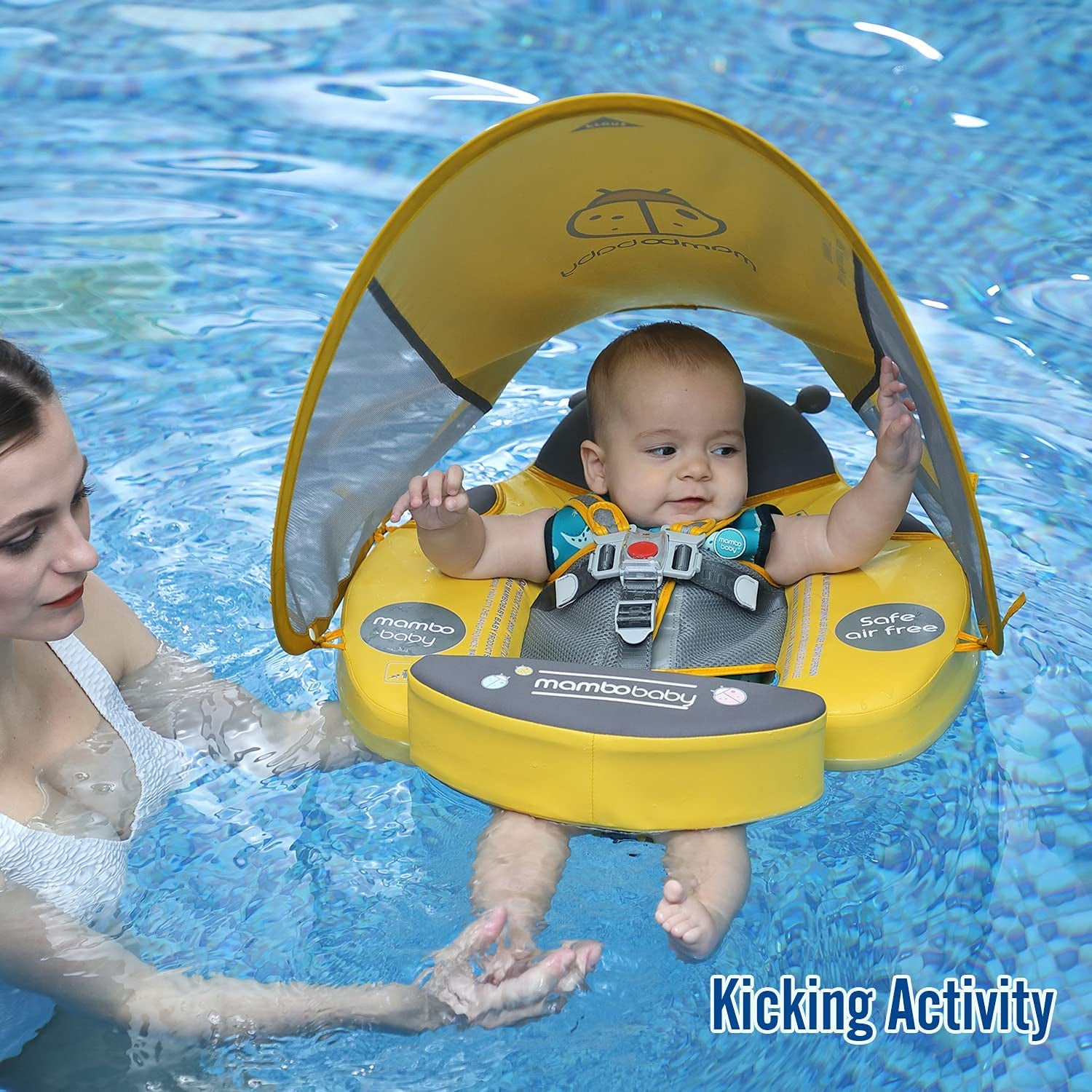 Upgraded Baby Float Non-Inflatable baby Swim Ring, Infant Soft Solid Swimming Trainer, Baby Pool Float with Removable UPF 50+ UV Sun Protection Canopy