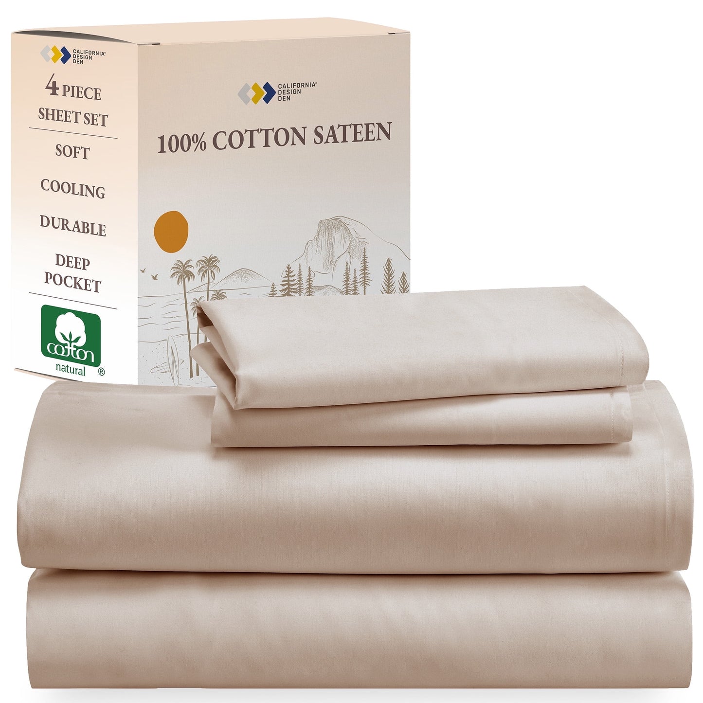 Queen Size Sheets - 100% Cotton Bed Sheets Set with Deep Pockets - Soft Cooling Sheets - 4 Piece Bedding and Pillowcases Set, Beige