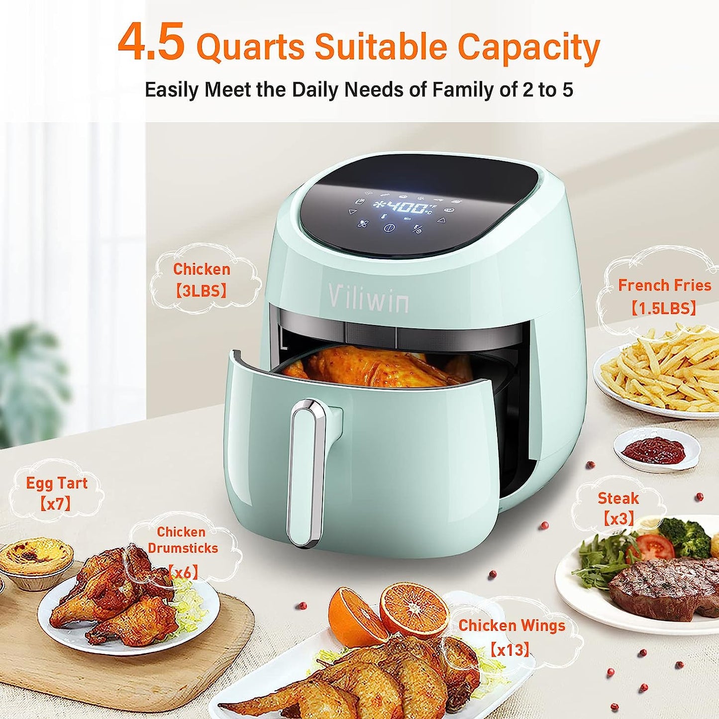 4.5 QT Digital Upgraded Air Fryers Cooker 8 Preset Menus Hot Air Fryer with Auto Shut off 30 Minute Timer Adjustable Temperature Control Nonstick Tray 1400W Blue