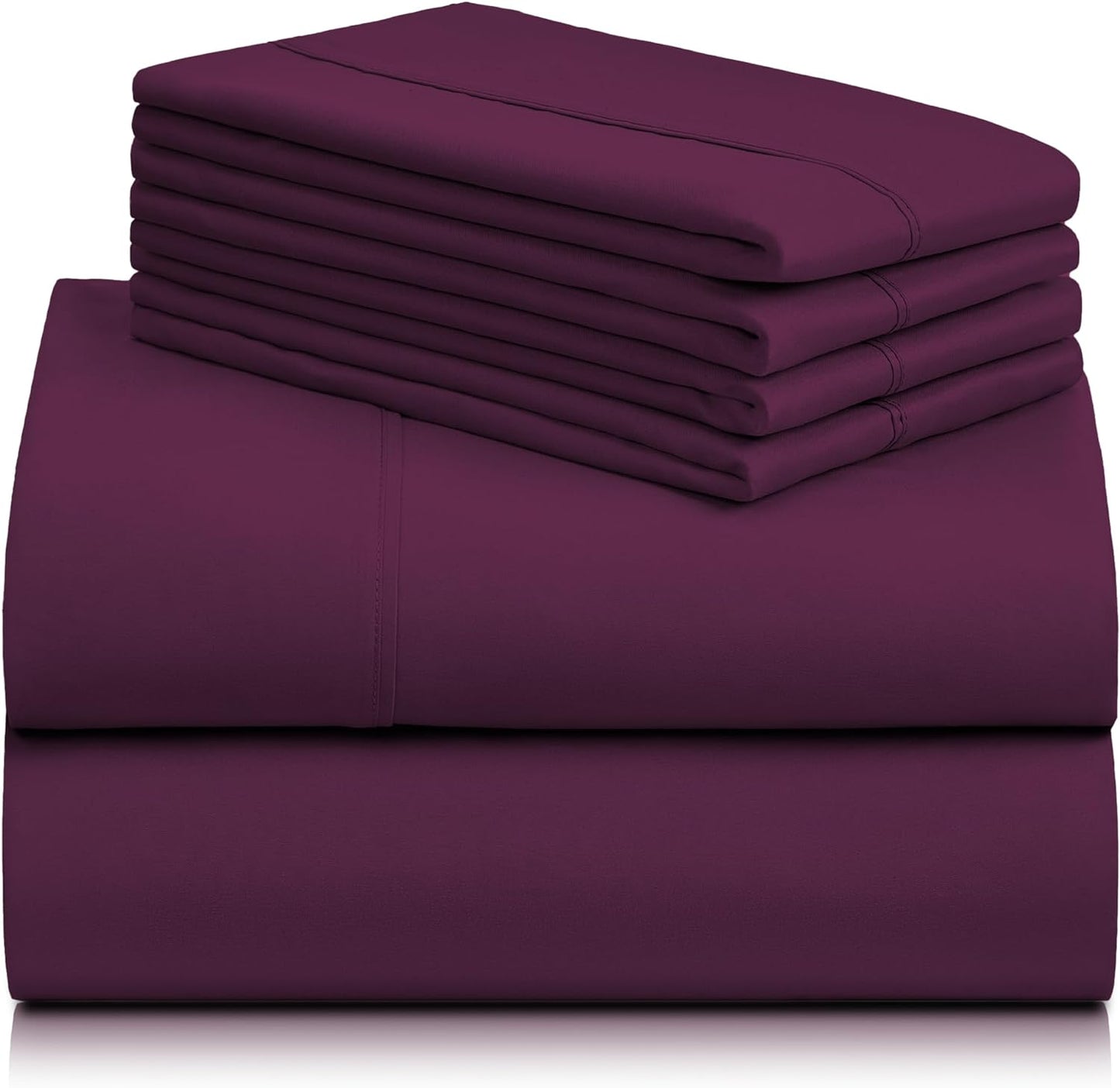 Luxury 6-Piece Queen Sheet Set with Deep Pockets - Breathable, Eco-Friendly, Wrinkle-Free, Cooling, Silky Soft Bedding - Eggplant Queen