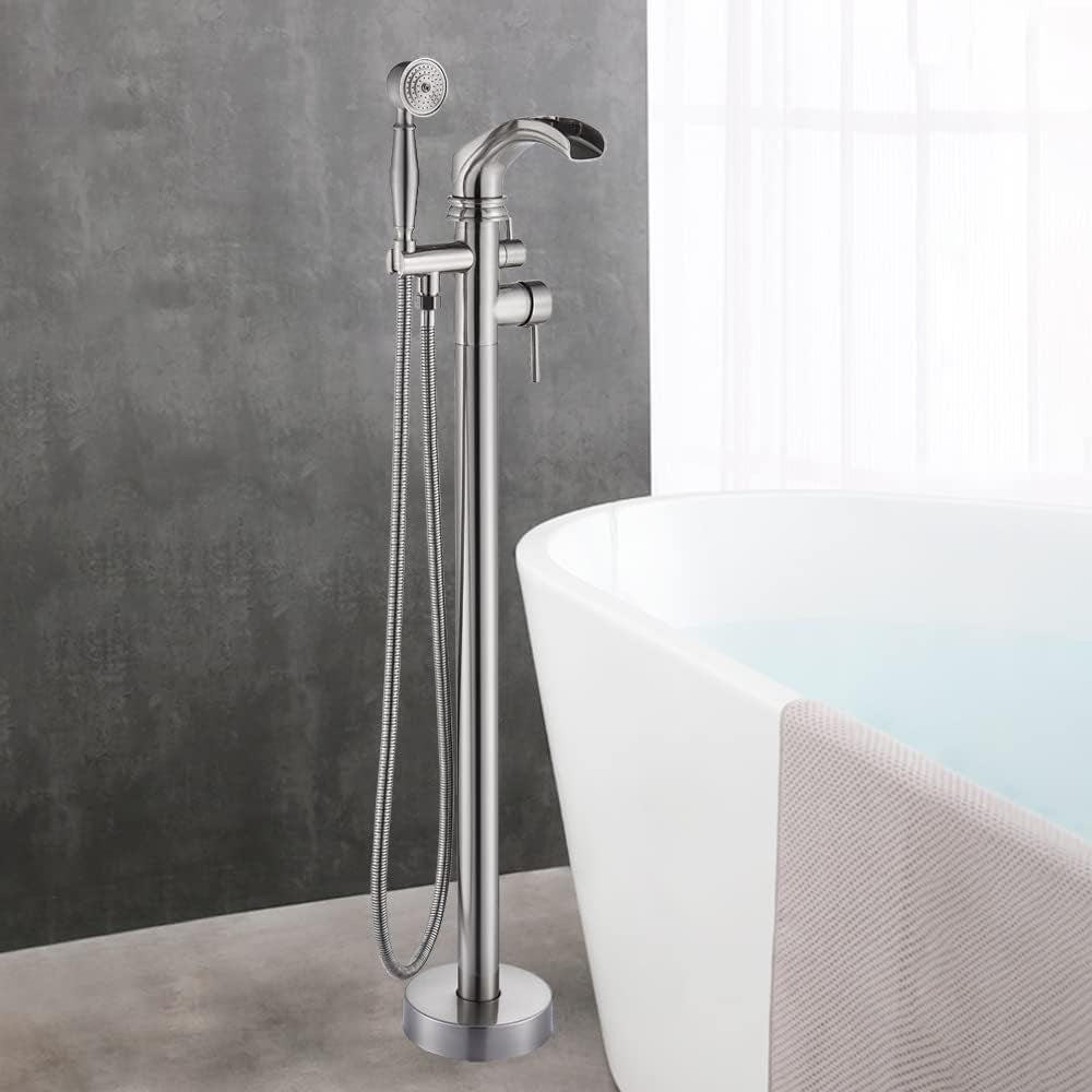 Freestanding Tub Filler Floor Mount Waterfall Bathtub Faucet Stinless Steel Tub Shower Faucet Set with Handheld Sprayer