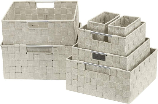 Storage Baskets for Organizing (Set of 7), Mesh Hand-Woven Design, Linen Closet Organizers and Storage, Organizer Storage Baskets for Shelves, Variety Pack Organizers and Storage (Beige)