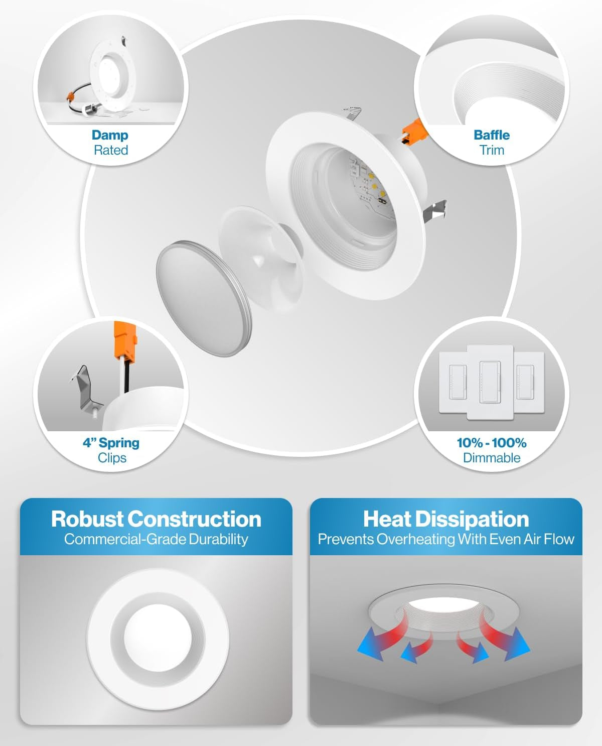 4 Pack Retrofit LED Recessed Lighting 4 Inch, 4000K Cool White, Dimmable Can Lights, Baffle Trim, 11W=60W, 660LM, Damp Rated - ETL