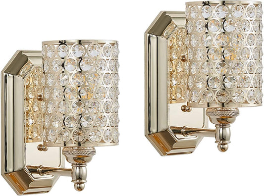 2 Pack 1 Light Crystal Wall Sconce Lighting with Champagne Finish,Modern Concise Style Wall Light Fixture Polyhedral Crystal Shade for Bathroom, Bedroom Living Room Bedside