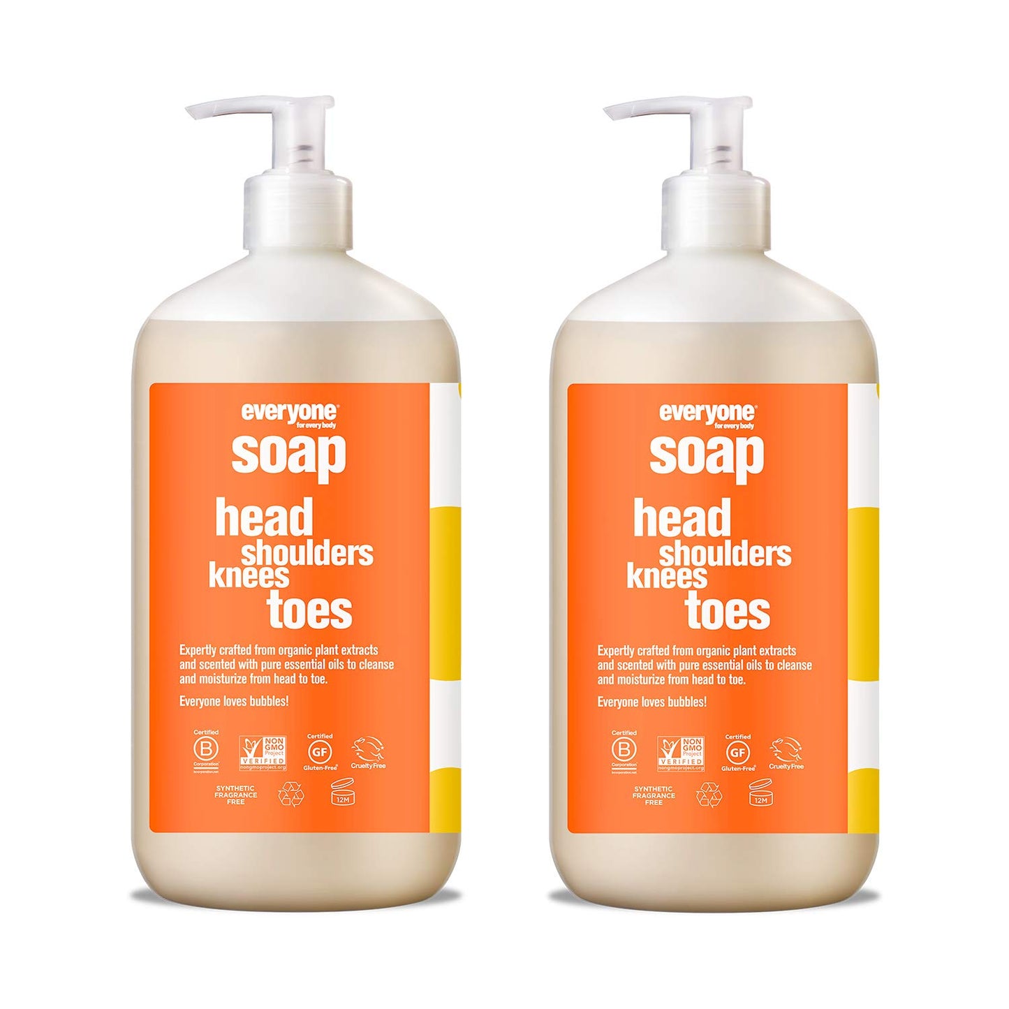 Everyone 3-In-1 Kids Soap, Body Wash, Bubble Bath, Shampoo, 32 Ounce (Pack of 2), Orange Squeeze, Coconut Cleanser with Organic Plant Extracts and Pure Essential Oils (Packaging May Vary)