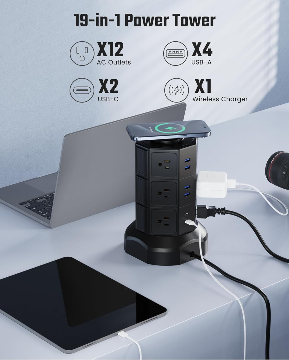 Tower Power Strip with 15W Wireless Charger,  1050J Surge Protector Tower 13A Charging Station with 12 AC Outlets & 6 USB Ports (2 USB C), 6.5Ft Black Extension Cord for Dorm Essentials