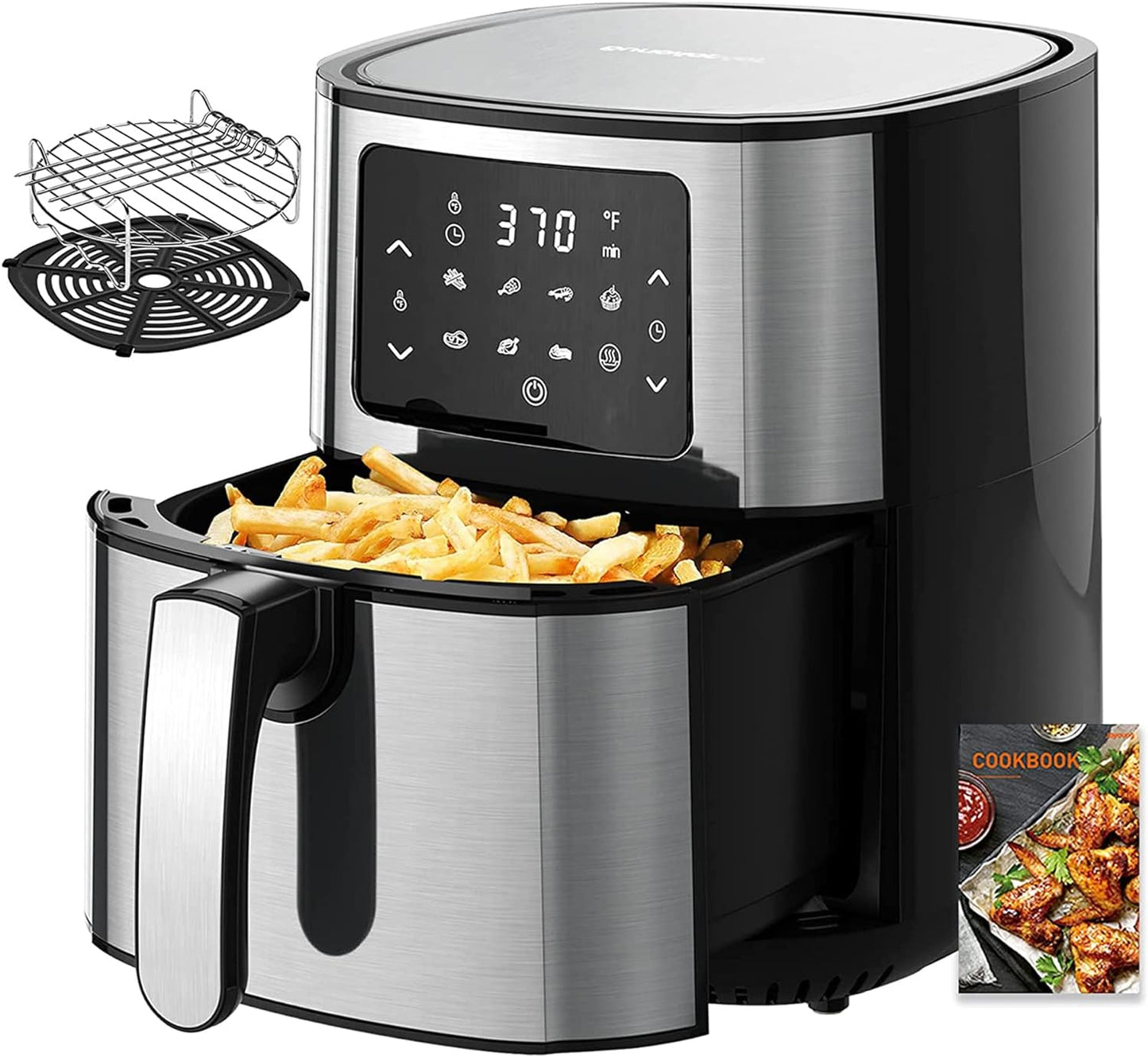 Joyoung JY-570 5.8 Quart Stainless Steel Multi Tasker Detachable Double Basket Air Fryer with LED Touchscreen and 8 Built in Smart Programs, Black