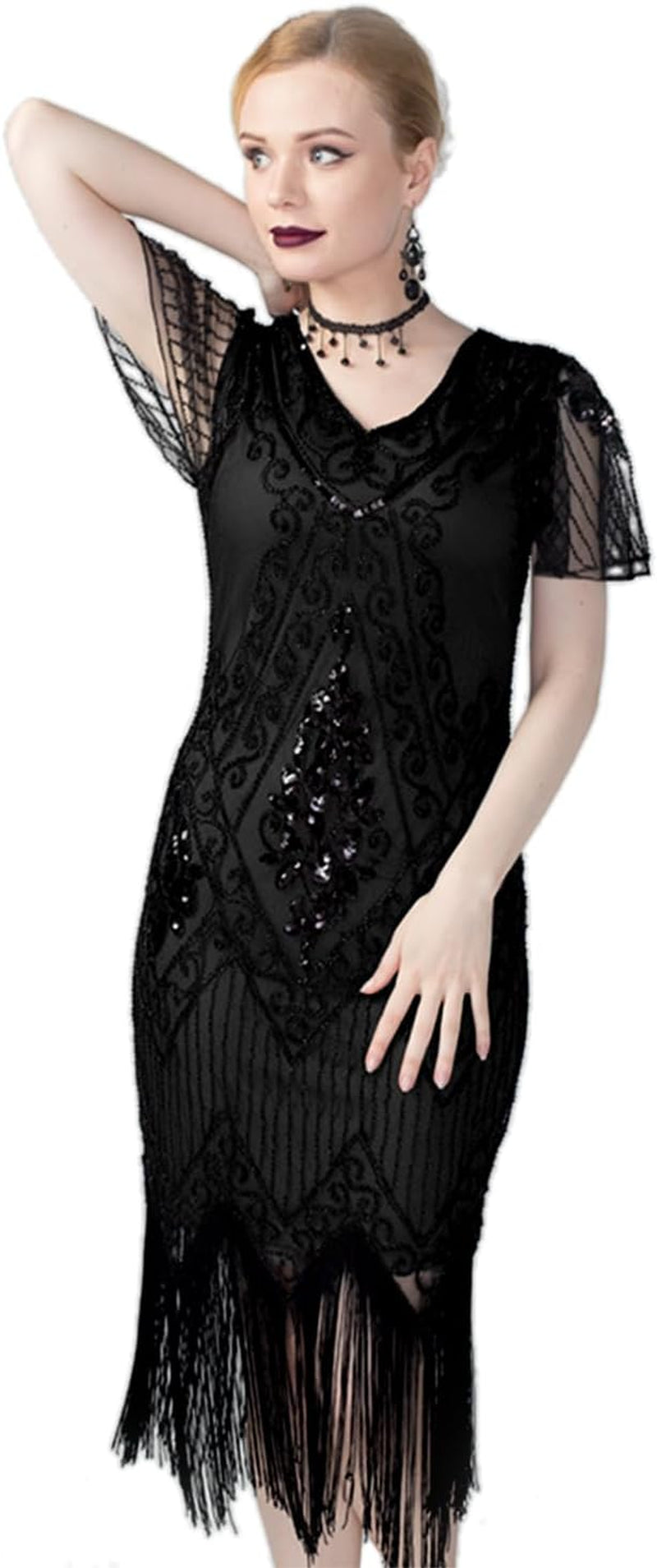 Women'S Flapper Dresses 1920S Sequins Art Deco Gatsby Cocktail Dress with Sleeve