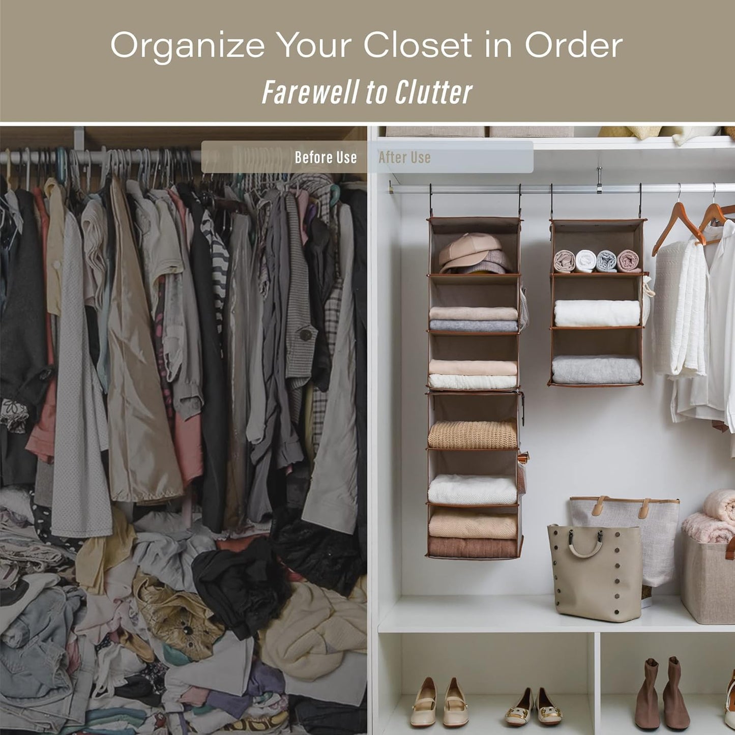 6-Shelf Hanging Closet Organizers, Two 3-Shelf Separable Closet Hanging Shelves, Canvas, Light Brown, 12" D X 12" W X 48 ¼"H