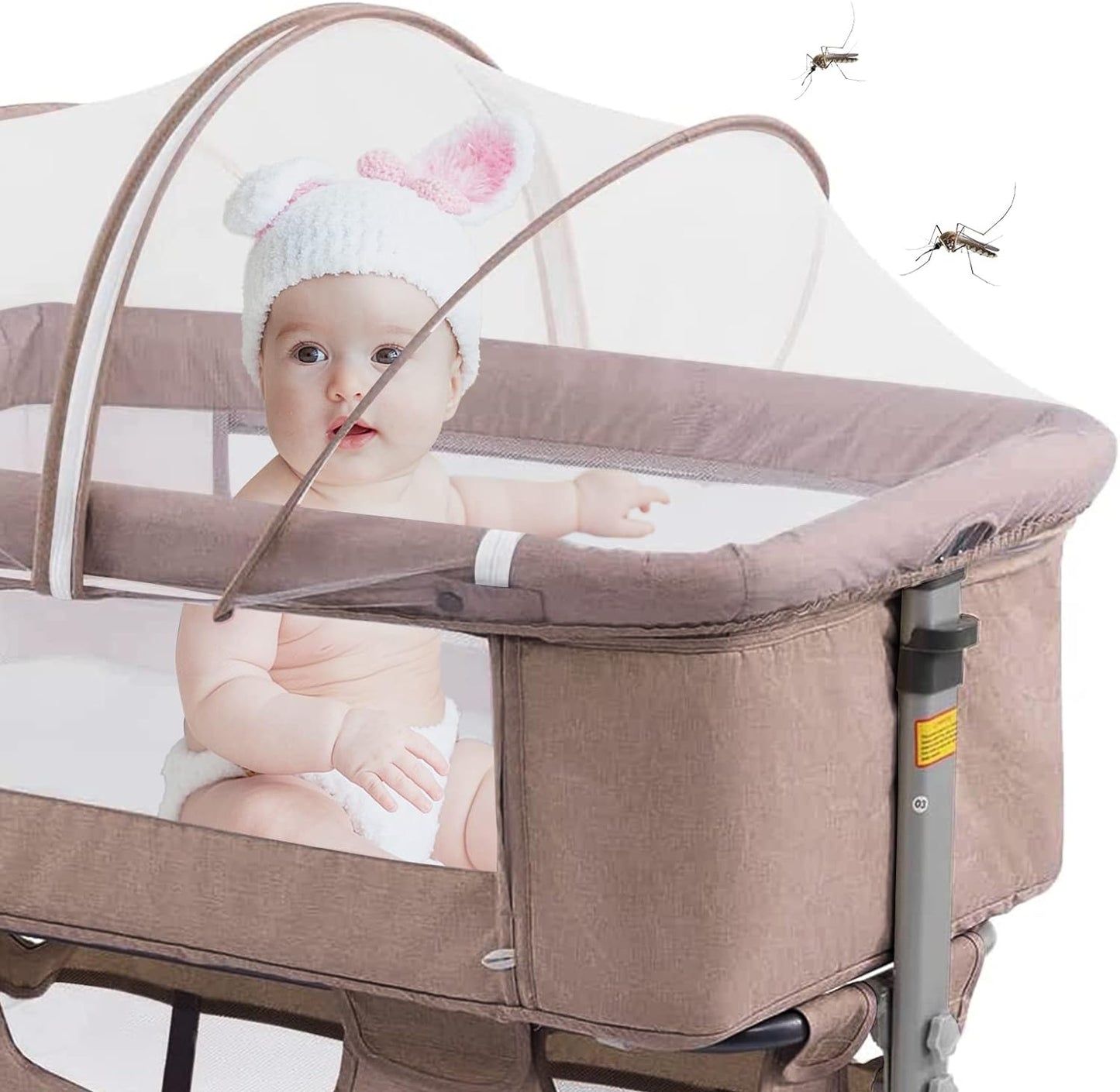 3In1 Bedside Crib for Girl or Boy, Bedside Sleeper for Baby Portable and Adjustable Crib with Mosquito Net for Newborn Baby,Deep Khaki