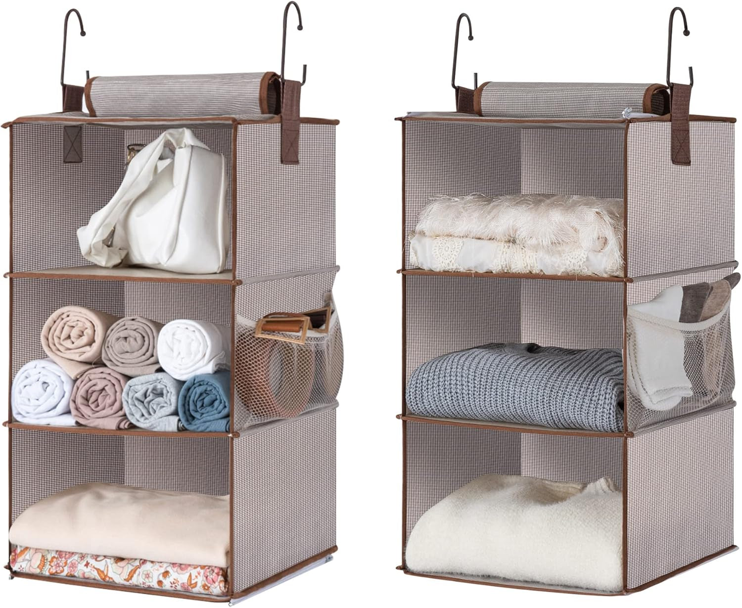 6-Shelf Hanging Closet Organizers, Two 3-Shelf Separable Closet Hanging Shelves, Canvas, Light Brown, 12" D X 12" W X 48 ¼"H