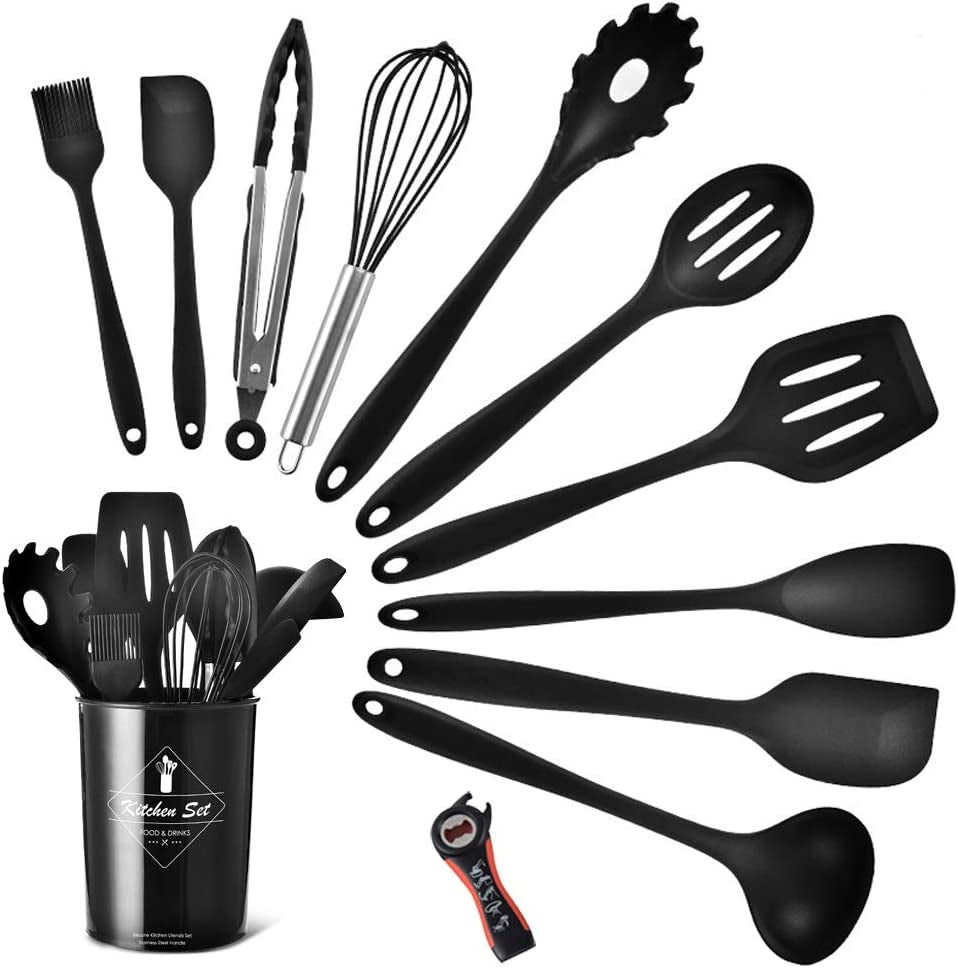 Silicone Kitchen Utensil Set, Heat-Resistant Non-Stick Silicone Cooking Gadgets Tools (Black Holder)