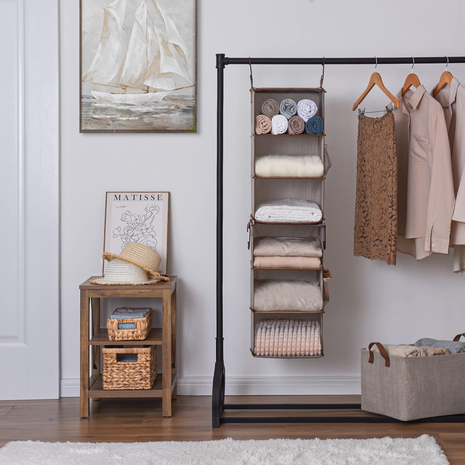 6-Shelf Hanging Closet Organizers, Two 3-Shelf Separable Closet Hanging Shelves, Canvas, Light Brown, 12" D X 12" W X 48 ¼"H