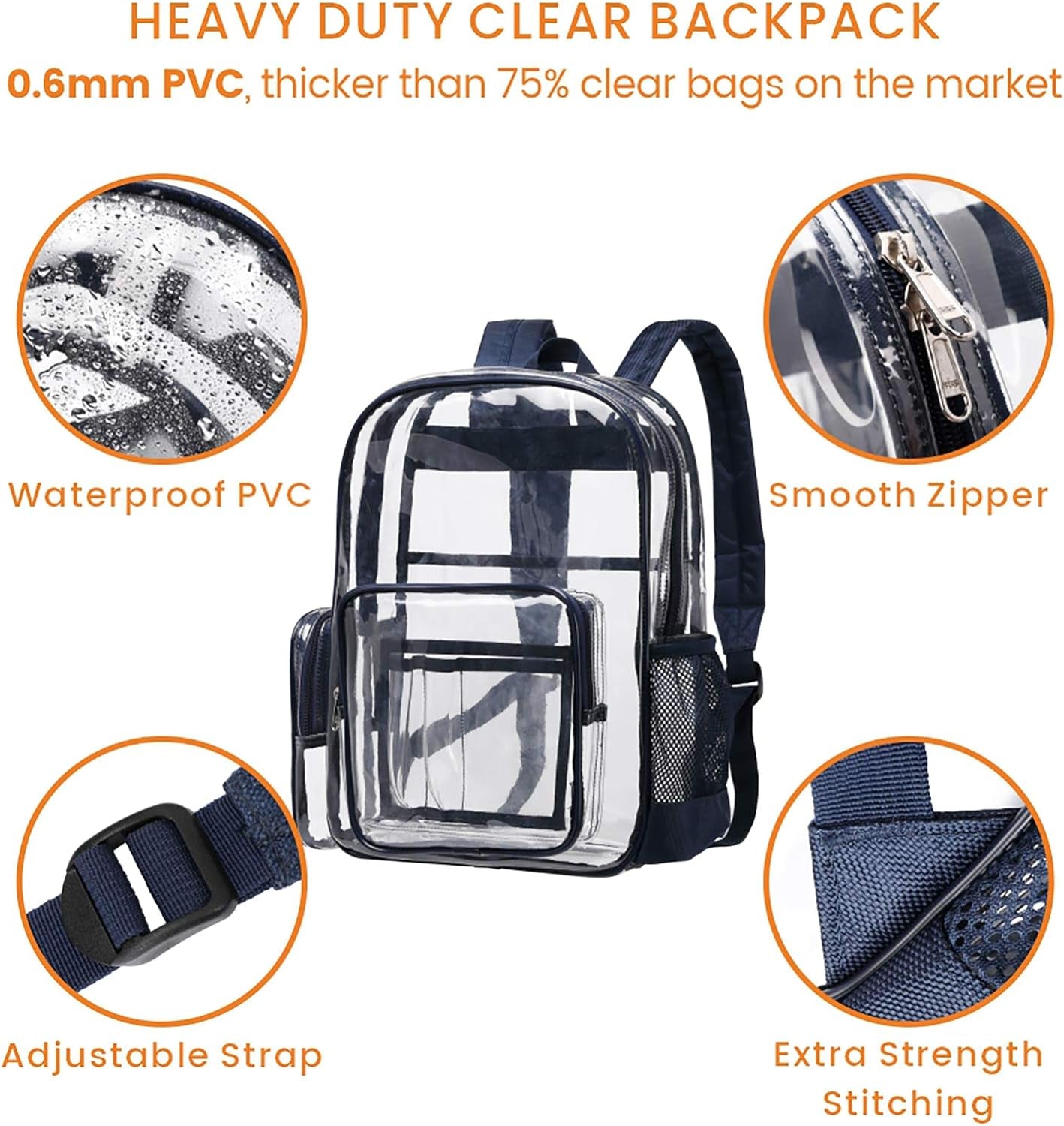 Clear Backpack, Heavy Duty Transparent Backpacks for Adults Reinforced Straps See-Through Bag for School Work Travel