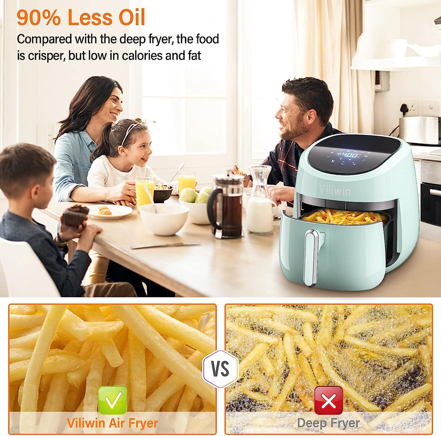 4.5 QT Digital Upgraded Air Fryers Cooker 8 Preset Menus Hot Air Fryer with Auto Shut off 30 Minute Timer Adjustable Temperature Control Nonstick Tray 1400W Blue