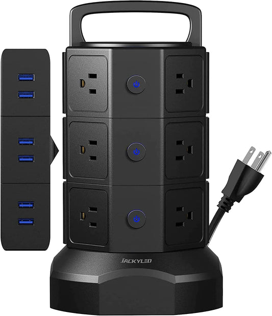 Power Strip Tower Surge Protector,  1625W 13A Outlet Surge Electric Tower, 12 Outlets 6 USB Ports Charging Station with 16AWG 6.5Ft Heavy Duty Extension Cord for Home Office Dorm Black